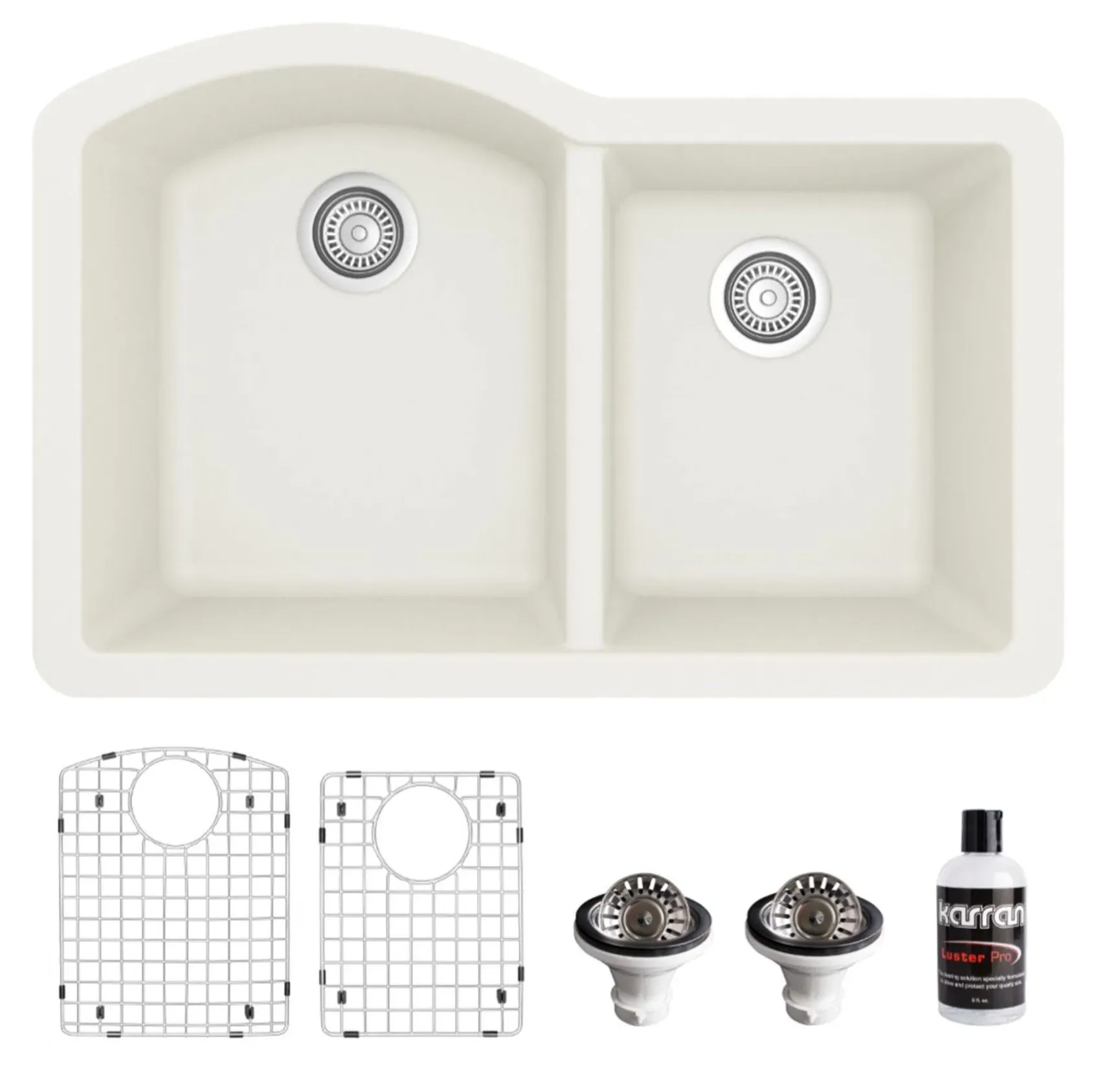 Karran 32" Undermount Quartz Composite Kitchen Sink, 60/40 Double Bowl, White, QU-610-WH-PK1
