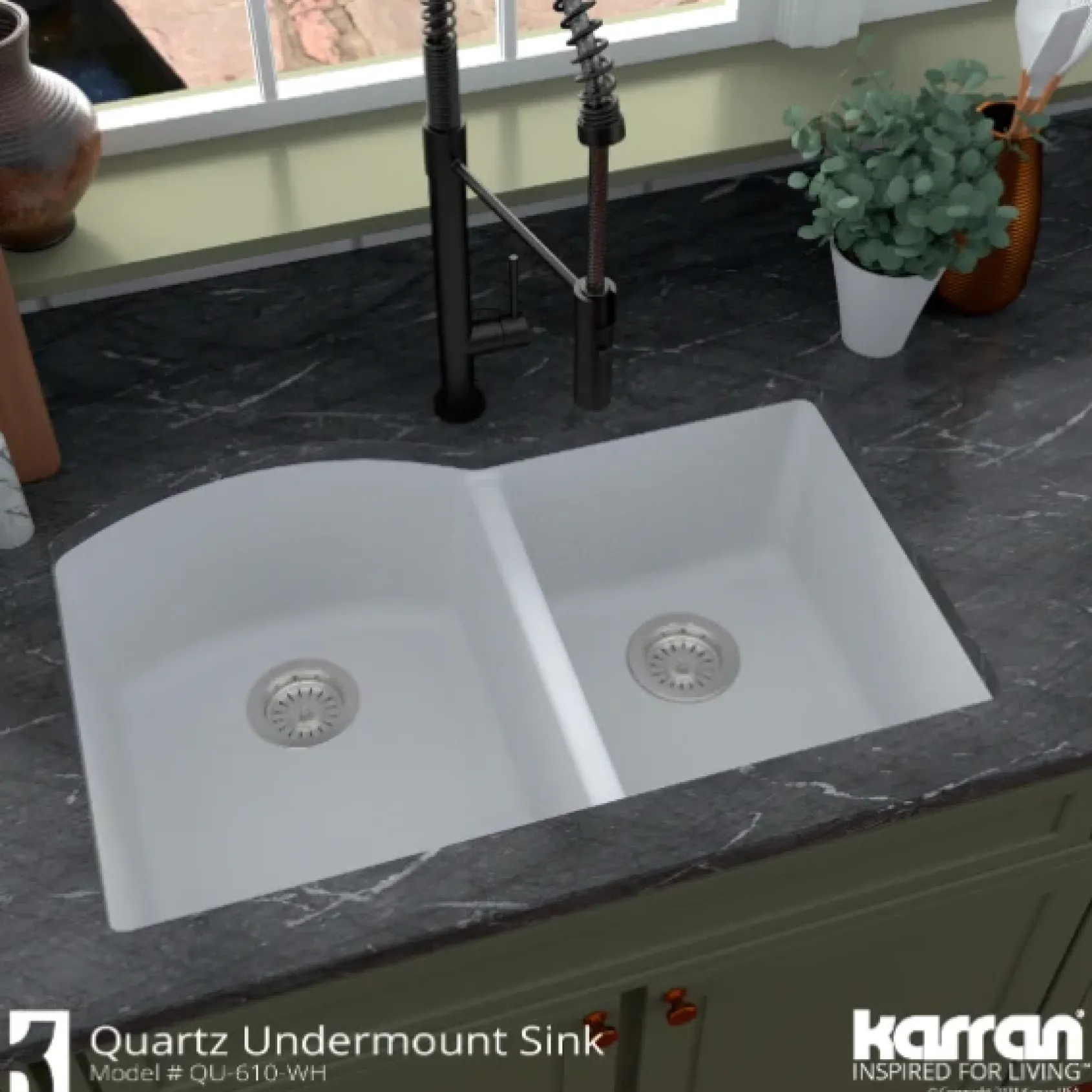 Karran 32" Undermount Quartz Composite Kitchen Sink, 60/40 Double Bowl, White, QU-610-WH-PK1