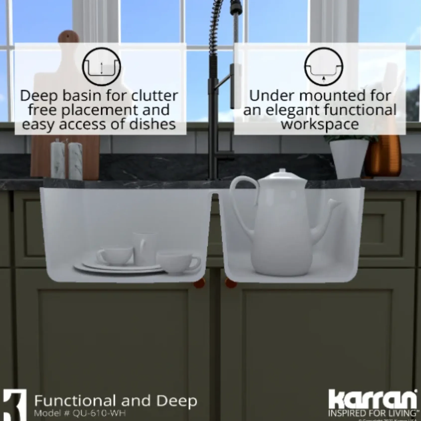 Karran 32" Undermount Quartz Composite Kitchen Sink, 60/40 Double Bowl, White, QU-610-WH-PK1