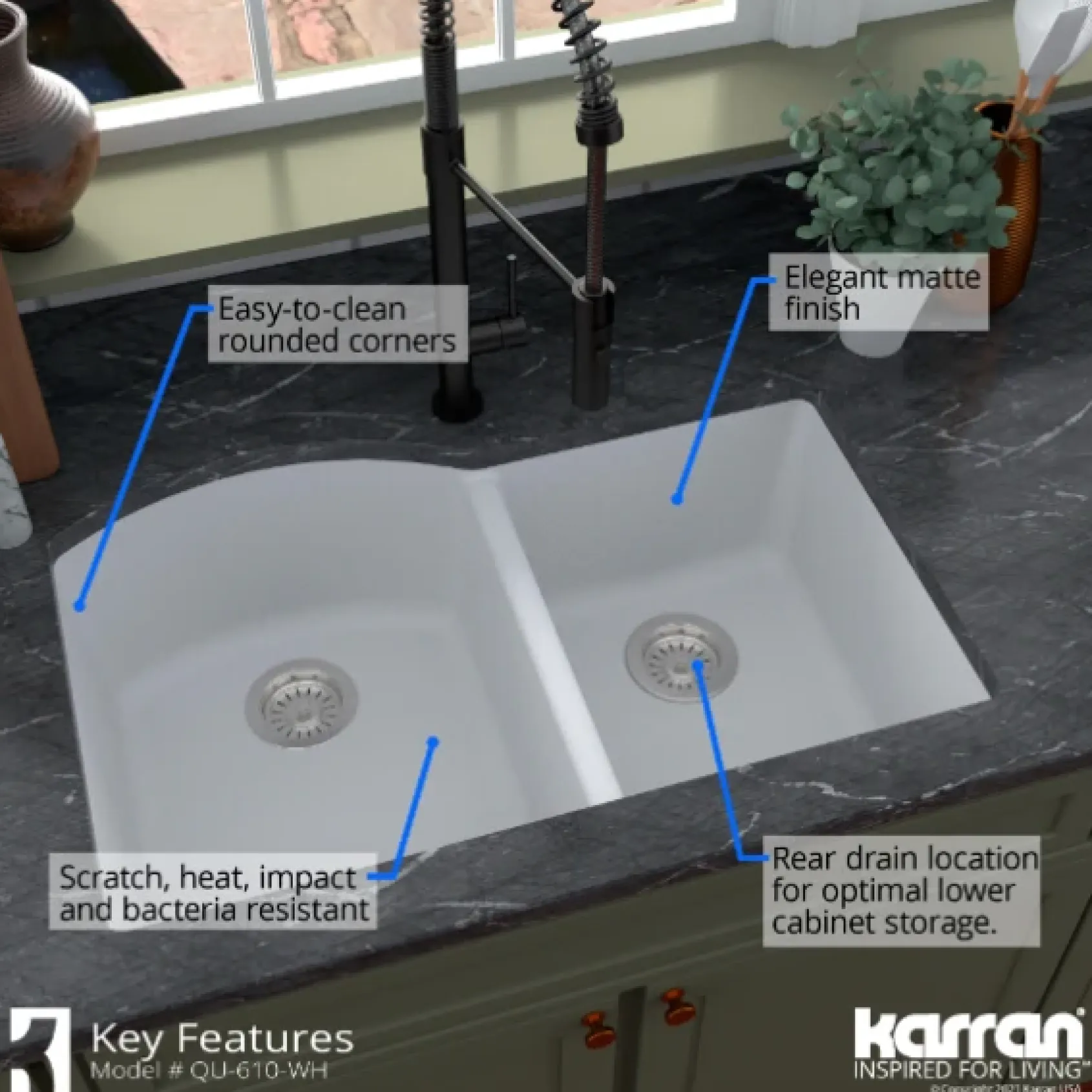 Karran 32" Undermount Quartz Composite Kitchen Sink, 60/40 Double Bowl, White, QU-610-WH-PK1