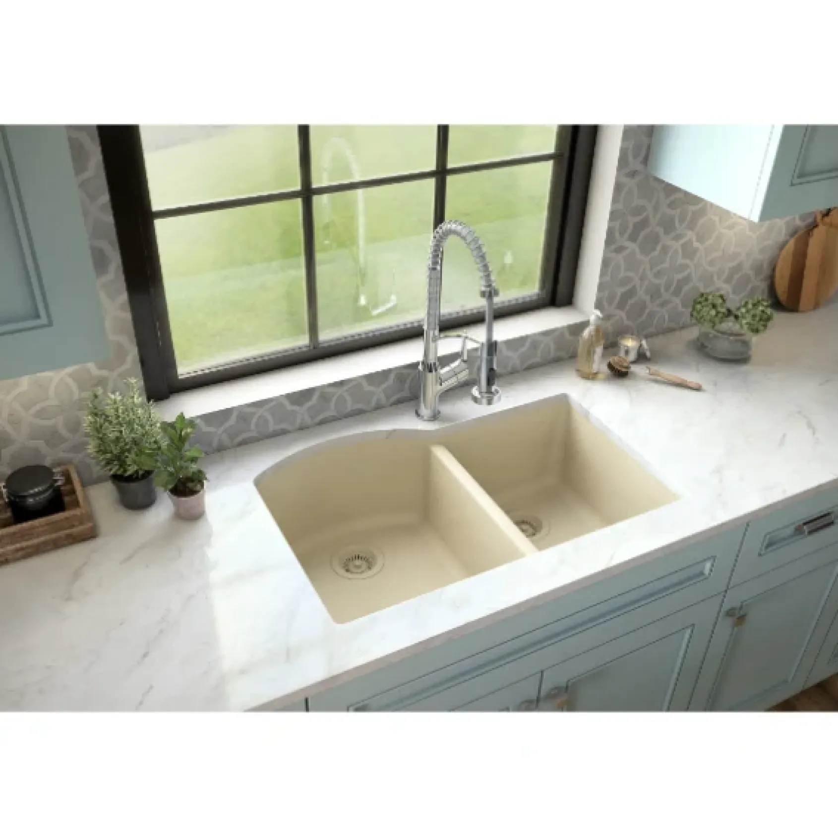 Karran 32" Undermount Quartz Composite Kitchen Sink, 60/40 Double Bowl, Bisque, QU-610-BI