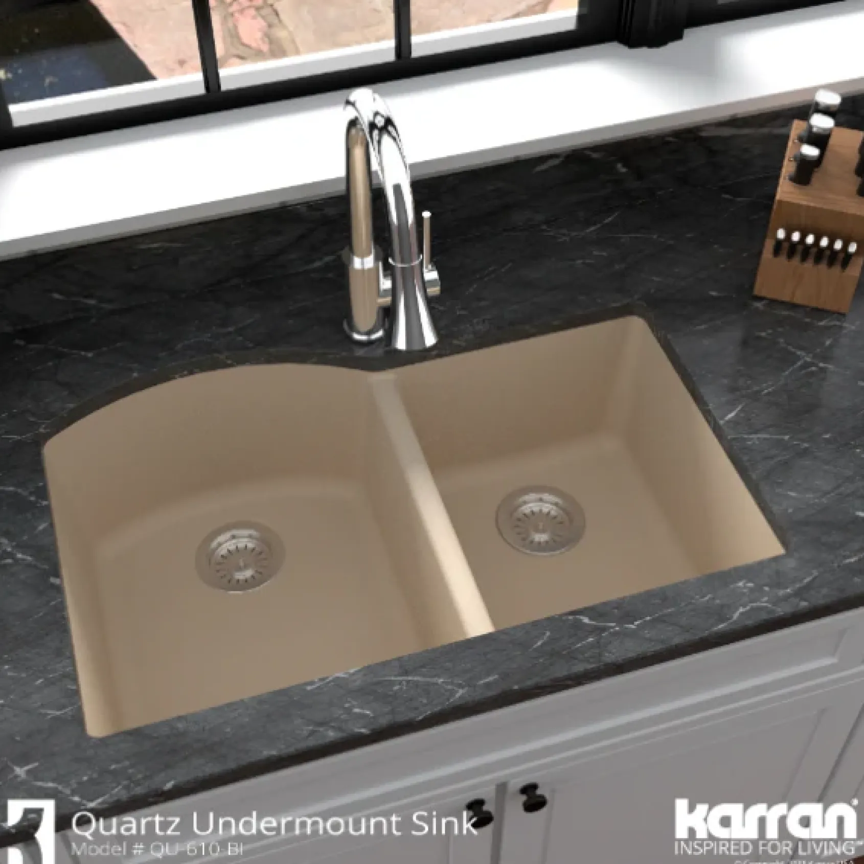 Karran 32" Undermount Quartz Composite Kitchen Sink, 60/40 Double Bowl, Bisque, QU-610-BI