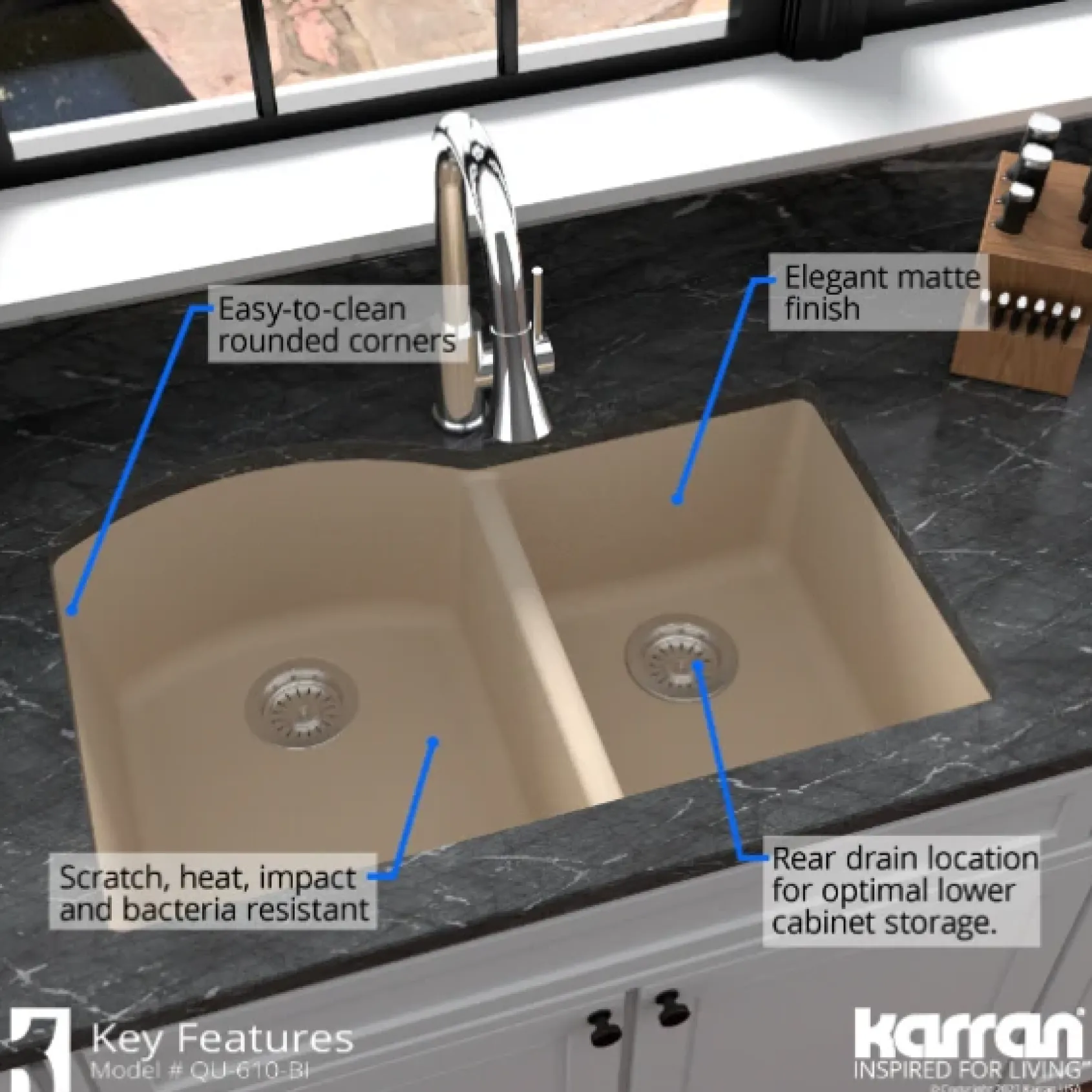 Karran 32" Undermount Quartz Composite Kitchen Sink, 60/40 Double Bowl, Bisque, QU-610-BI