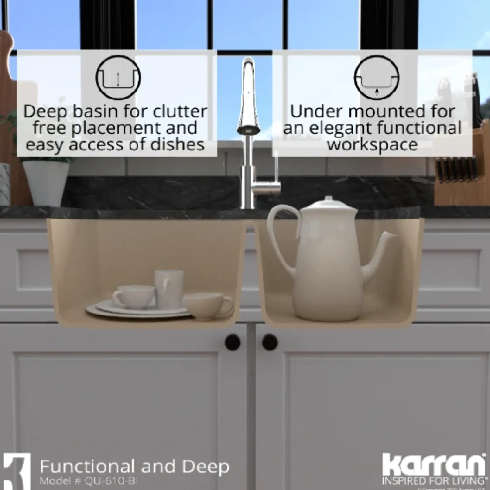 Karran 32" Undermount Quartz Composite Kitchen Sink, 60/40 Double Bowl, Bisque, QU-610-BI