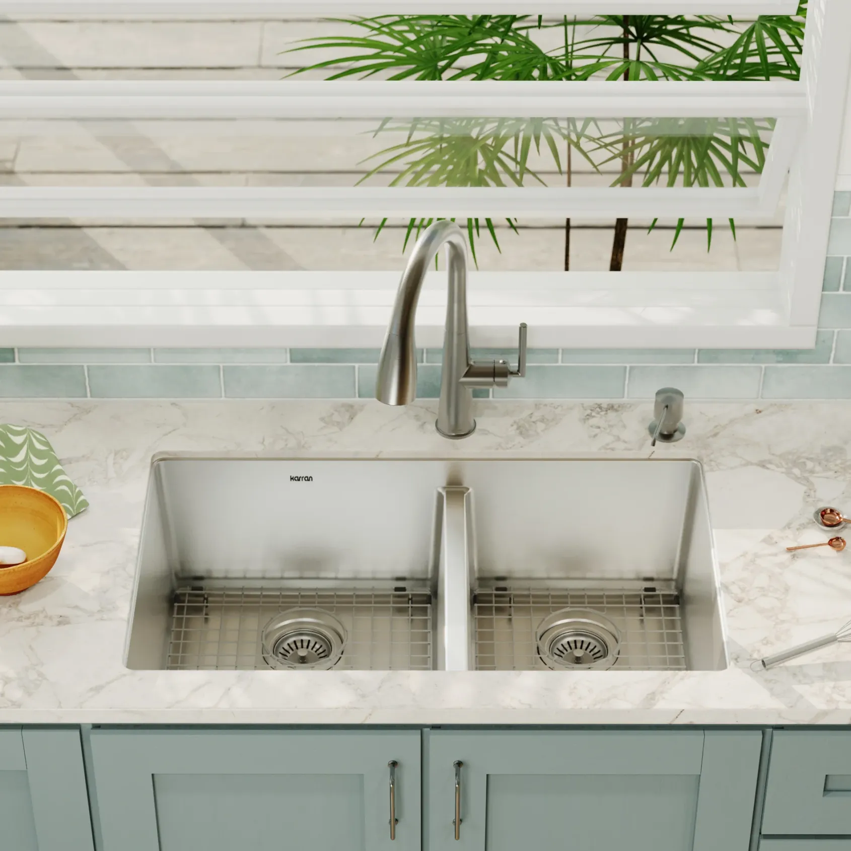 Karran 32" Undermount Stainless Steel Kitchen Sink with Accessories, 60/40 Double Bowl, 16 Gauge, EL-77-PK1