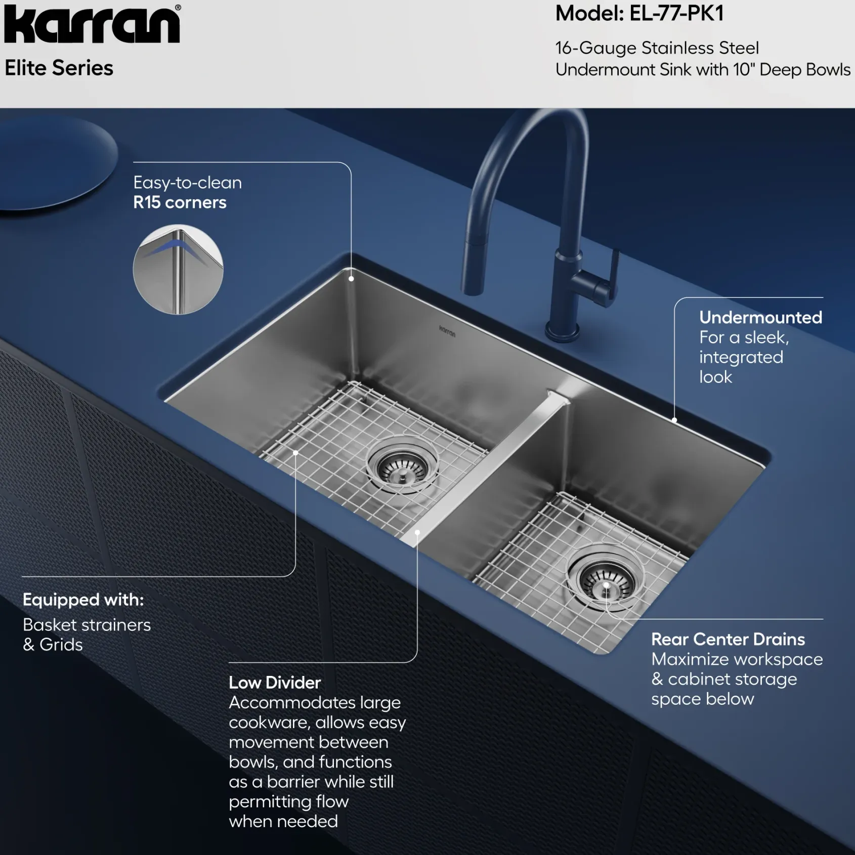 Karran 32" Undermount Stainless Steel Kitchen Sink with Accessories, 60/40 Double Bowl, 16 Gauge, EL-77-PK1