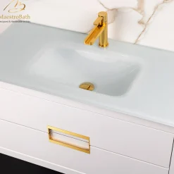 MaestroBath Dante 40" Modern Bathroom Vanity, White and Gold, Wall-mounted, Glass Top: Integrated, Wood, VANK-DNTI-WG10