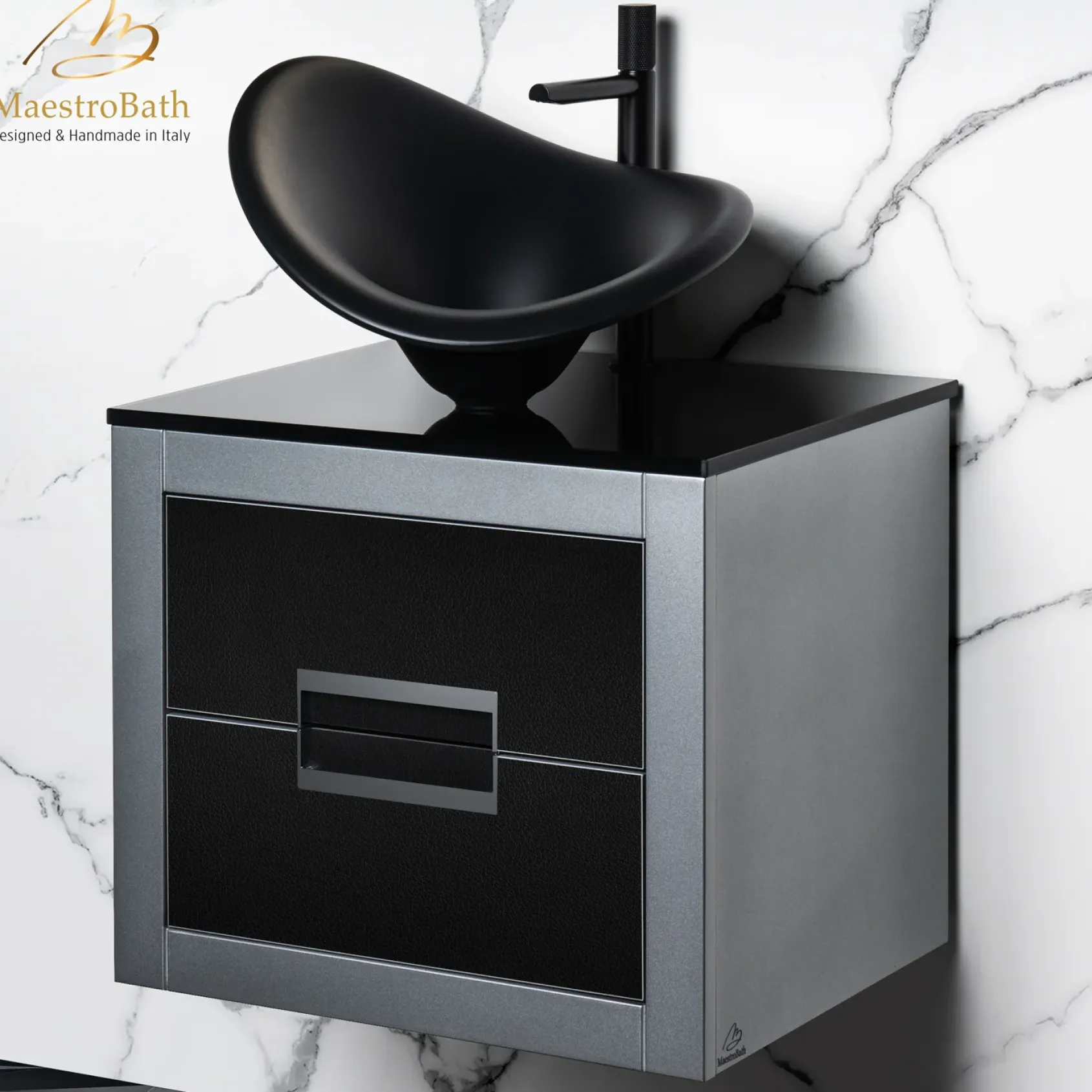 MaestroBath Dante 24" Modern Bathroom Vanity, Silver and Black, Wall-mounted, Glass Top: Flat, Wood, VANK-DNT-SL6