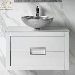 MaestroBath Dante 40" Modern Bathroom Vanity, White and Silver, Wall-mounted, Glass Top: Flat, Wood, VANK-DNT-WS10