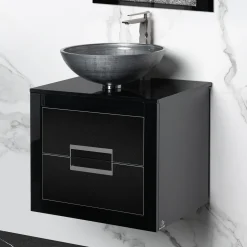 MaestroBath Dante 24" Modern Bathroom Vanity, Black and Silver, Wall-mounted, Glass Top: Integrated, Wood, VANK-DNTI-BS6