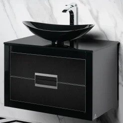 MaestroBath Dante 32" Modern Bathroom Vanity, Black and Silver, Wall-mounted, Glass Top: Flat, Wood, VANK-DNT-BS8