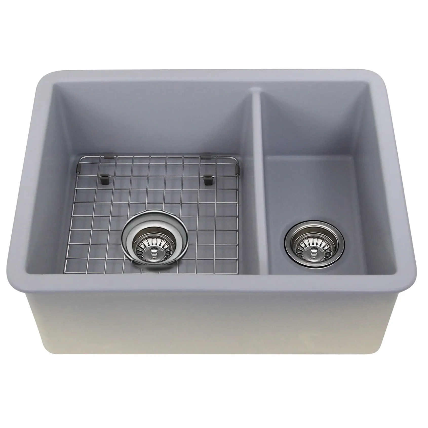 Nantucket Sinks Island 24" Dual Mount Fireclay Kitchen Sink with Accessories, 67/33 Double Bowl, Matte Grey, ISFC24x18GR-DB2