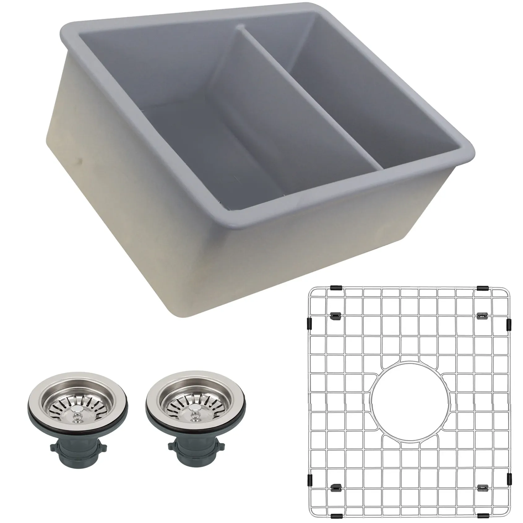 Nantucket Sinks Island 24" Dual Mount Fireclay Kitchen Sink with Accessories, 67/33 Double Bowl, Matte Grey, ISFC24x18GR-DB2