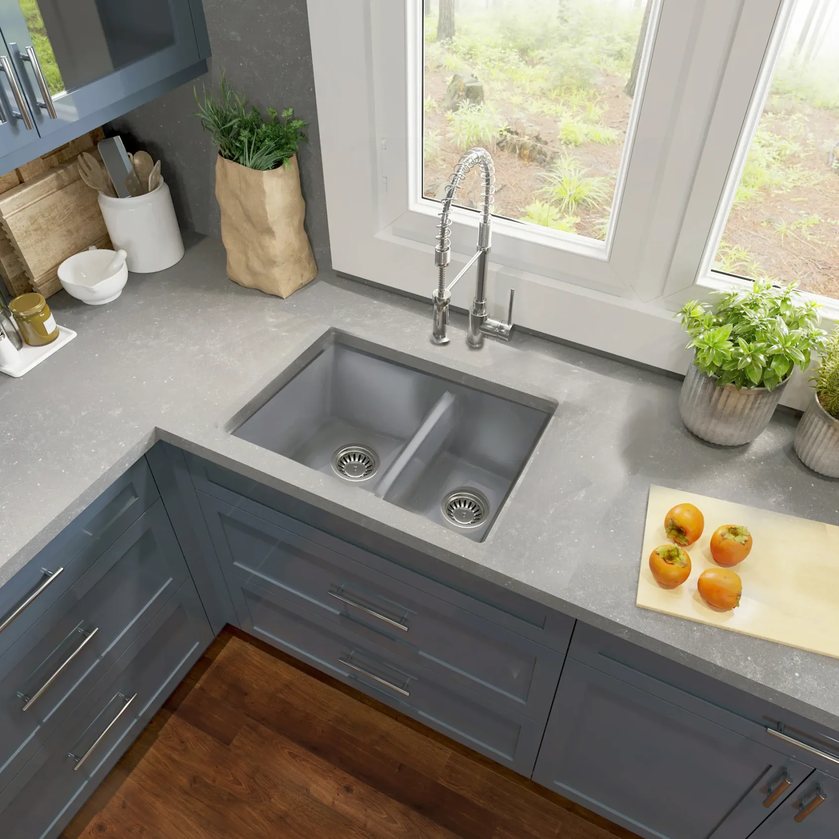 Nantucket Sinks Island 24" Dual Mount Fireclay Kitchen Sink with Accessories, 67/33 Double Bowl, Matte Grey, ISFC24x18GR-DB2