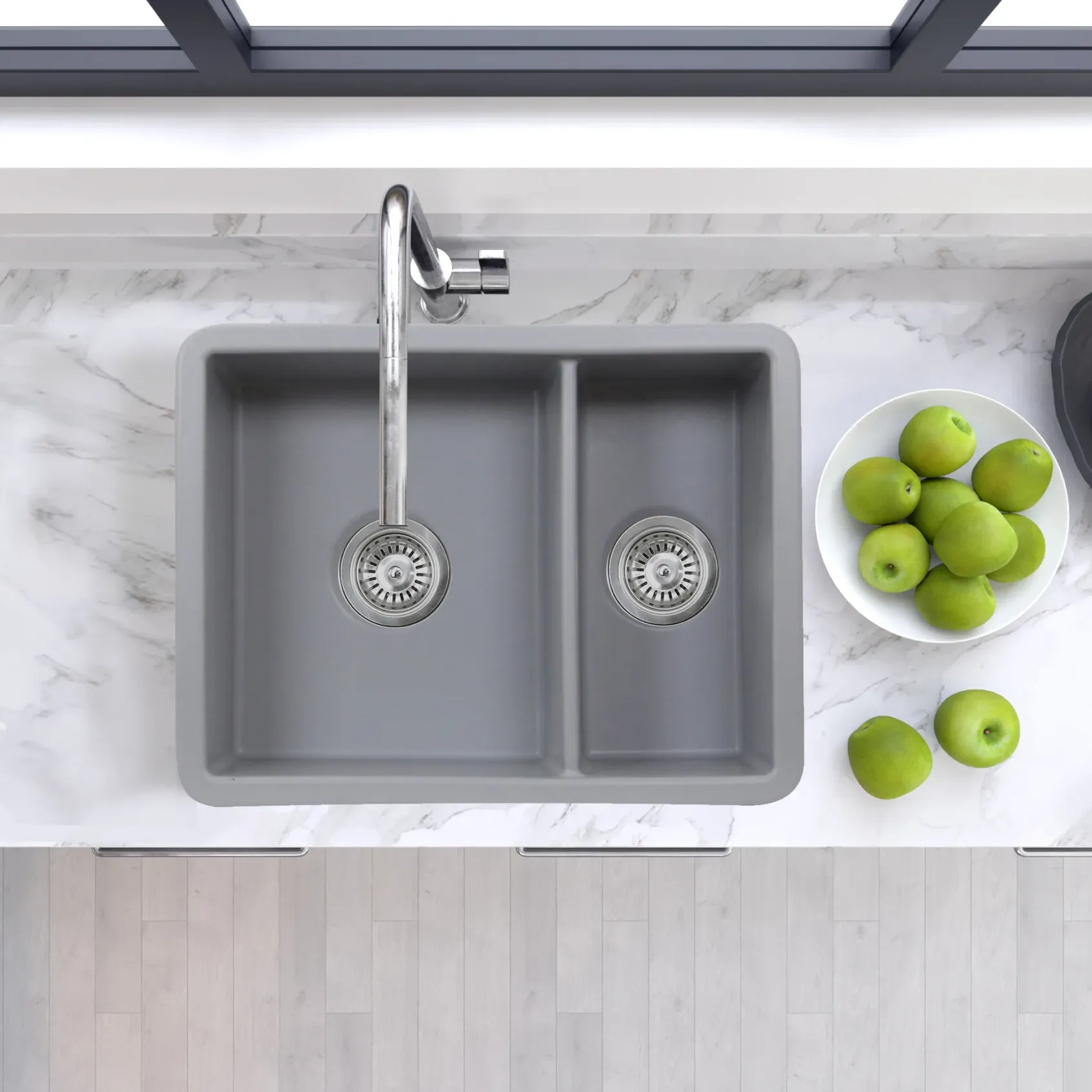 Nantucket Sinks Island 24" Dual Mount Fireclay Kitchen Sink with Accessories, 67/33 Double Bowl, Matte Grey, ISFC24x18GR-DB2