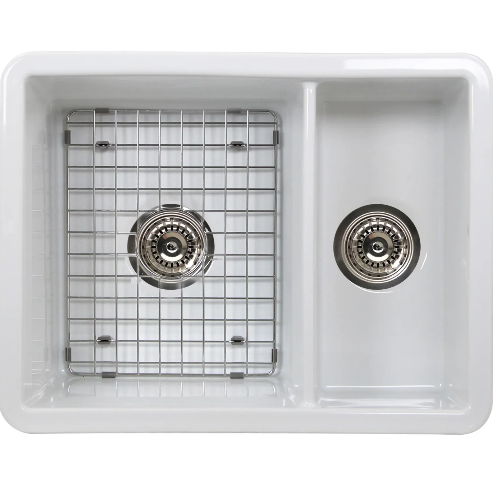 Nantucket Sinks Island 24" Dual Mount Fireclay Kitchen Sink with Accessories, 67/33 Double Bowl, White, ISFC24x18W-DB2