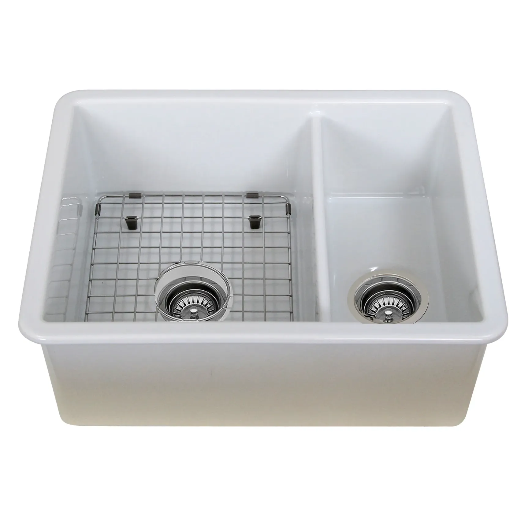 Nantucket Sinks Island 24" Dual Mount Fireclay Kitchen Sink with Accessories, 67/33 Double Bowl, White, ISFC24x18W-DB2
