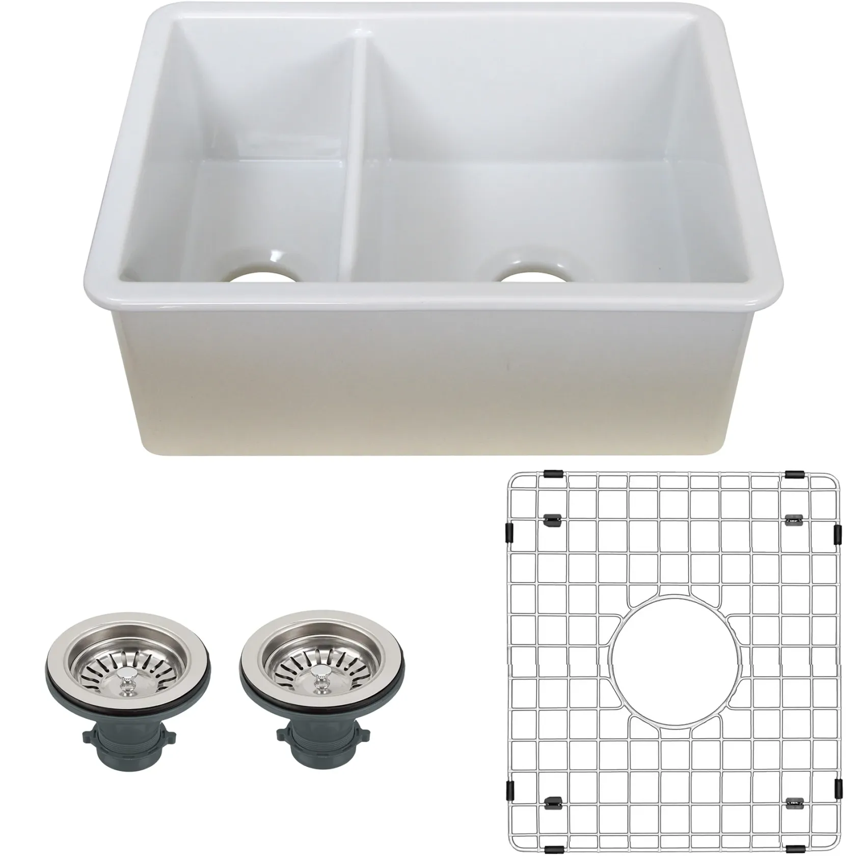 Nantucket Sinks Island 24" Dual Mount Fireclay Kitchen Sink with Accessories, 67/33 Double Bowl, White, ISFC24x18W-DB2