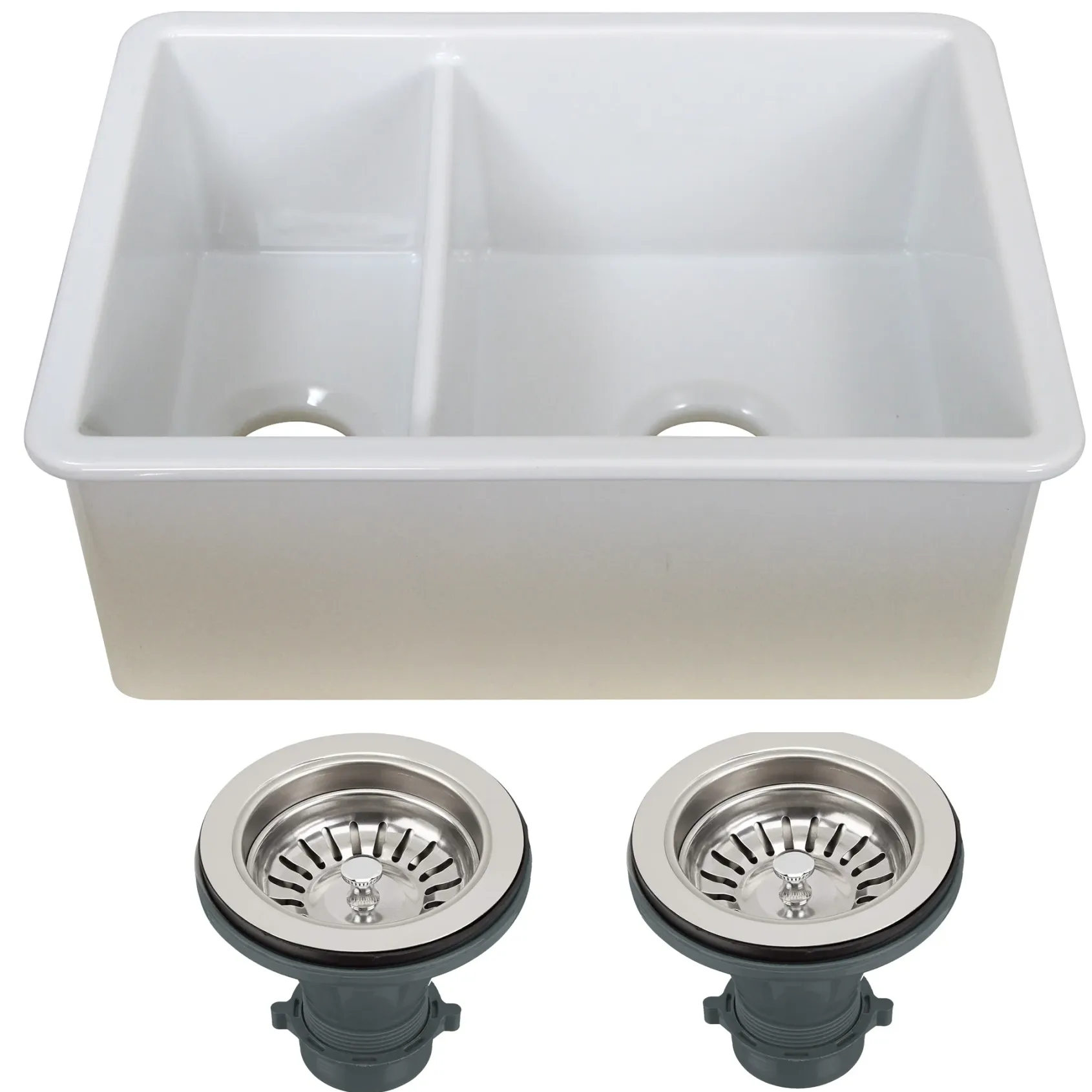 Nantucket Sinks Island 24" Dual Mount Fireclay Kitchen Sink with Accessories, 67/33 Double Bowl, White, ISFC24x18W-DB2