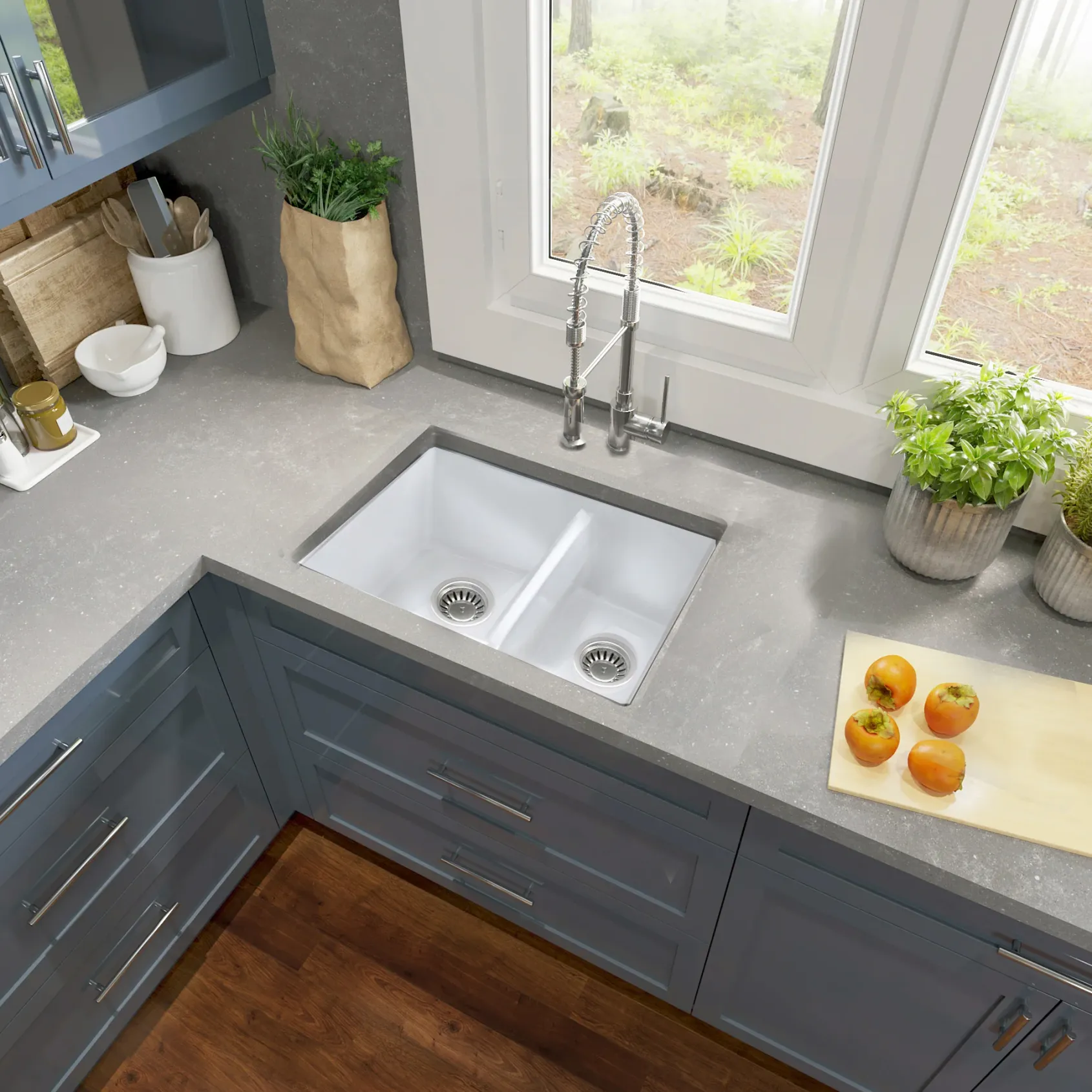 Nantucket Sinks Island 24" Dual Mount Fireclay Kitchen Sink with Accessories, 67/33 Double Bowl, White, ISFC24x18W-DB2