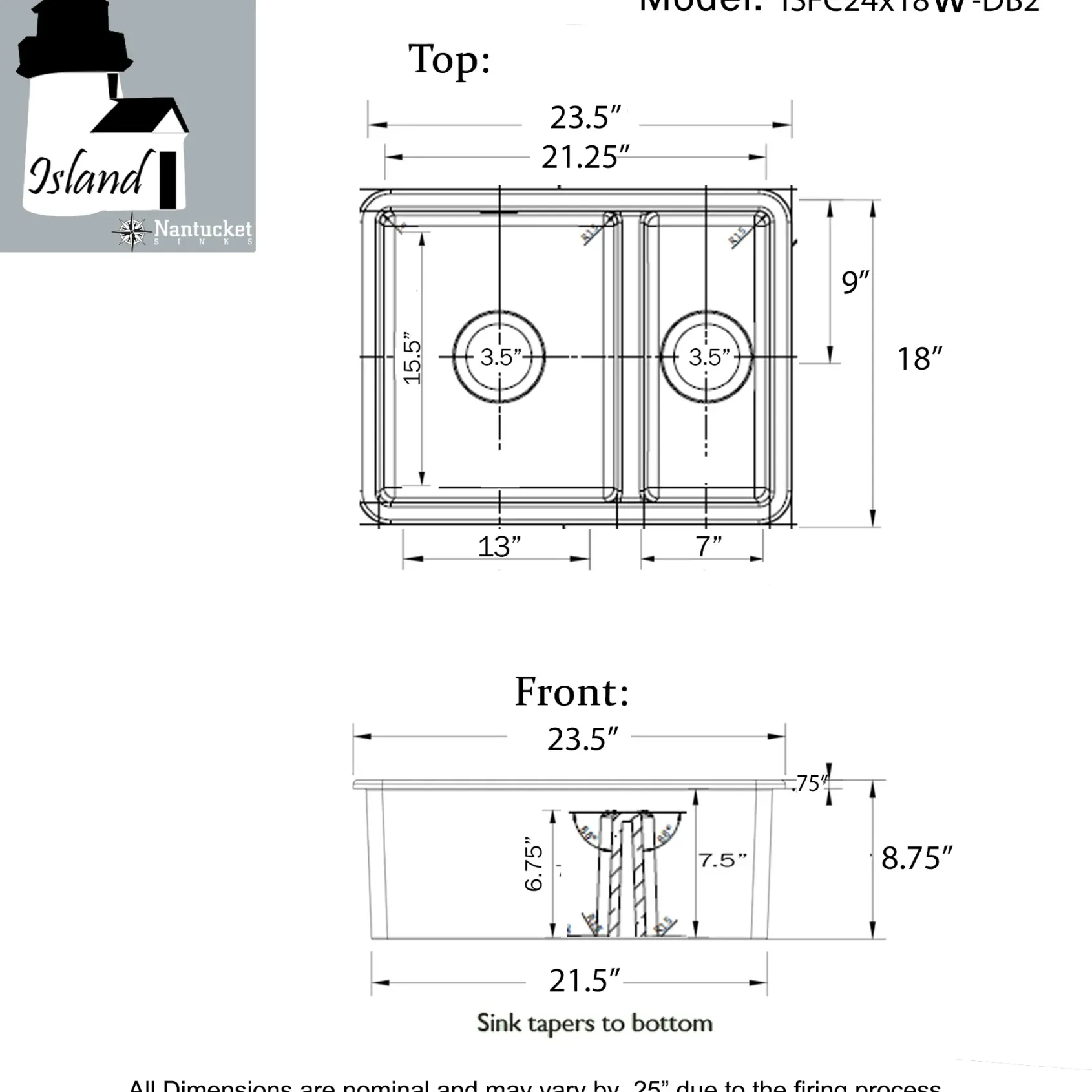 Nantucket Sinks Island 24" Dual Mount Fireclay Kitchen Sink with Accessories, 67/33 Double Bowl, White, ISFC24x18W-DB2