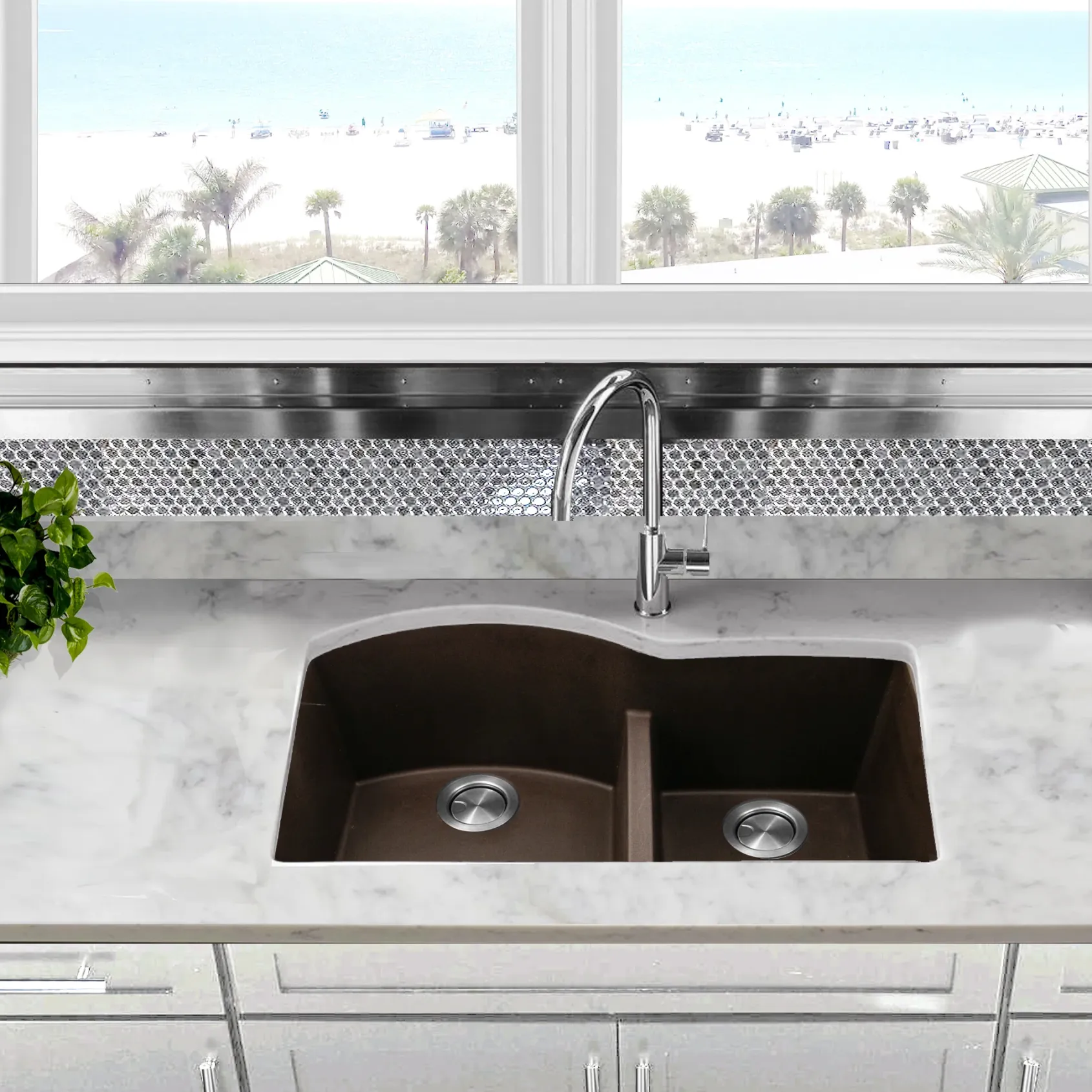Nantucket Sinks Plymouth 33" Granite Composite Kitchen Sink, 60/40 Double Bowl, Brown, PR6040-BR-UM