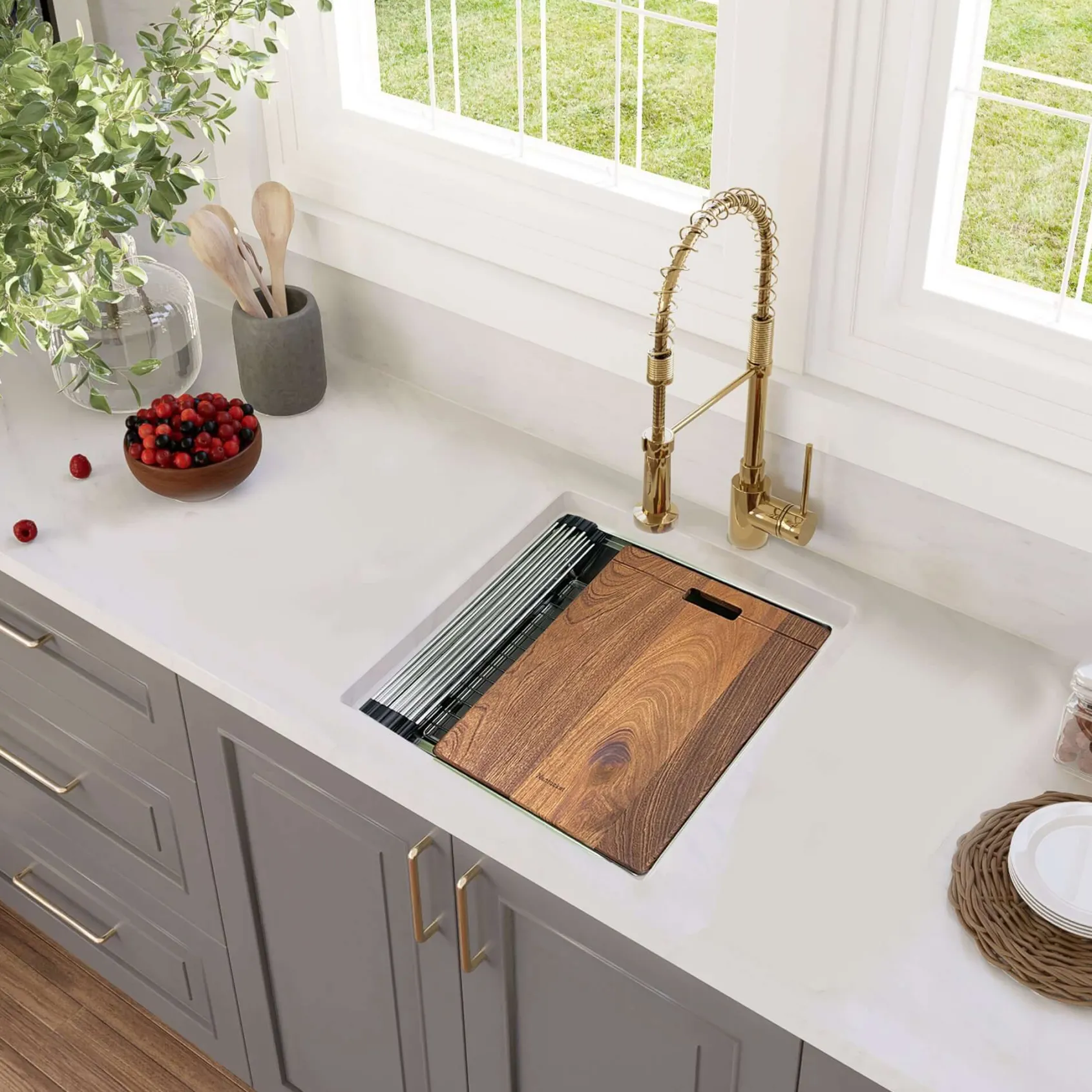 Nantucket Sinks Pro Series 19" Square 304 Stainless Steel Bar/Kitchen Sink with Accessories, 16 Gauge, SR-PS-1919-16