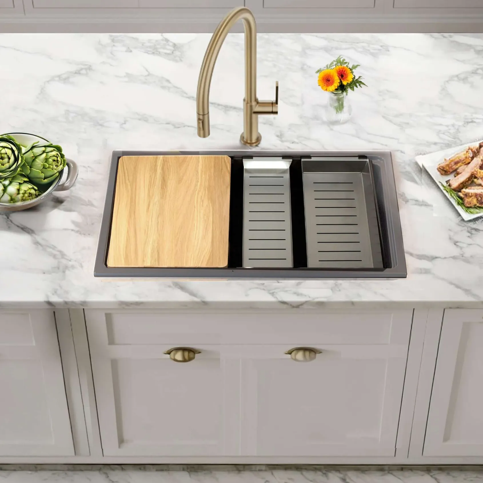 Nantucket Sinks Rockport 30" Dual Mount Granite Composite Workstation Kitchen Sink with Accessories, Titanium, PR3019PS-TI