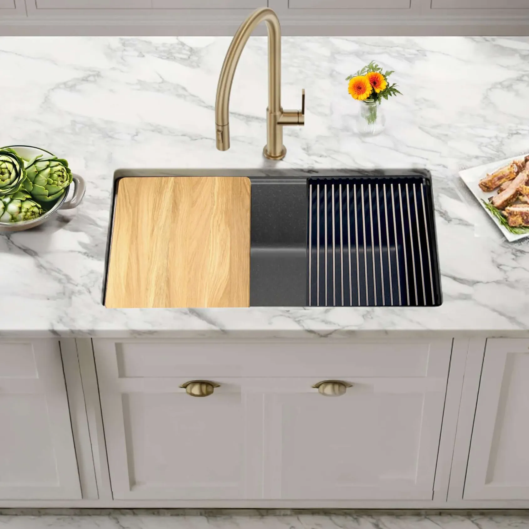Nantucket Sinks Rockport 30" Dual Mount Granite Composite Workstation Kitchen Sink with Accessories, Titanium, PR3019PS-TI