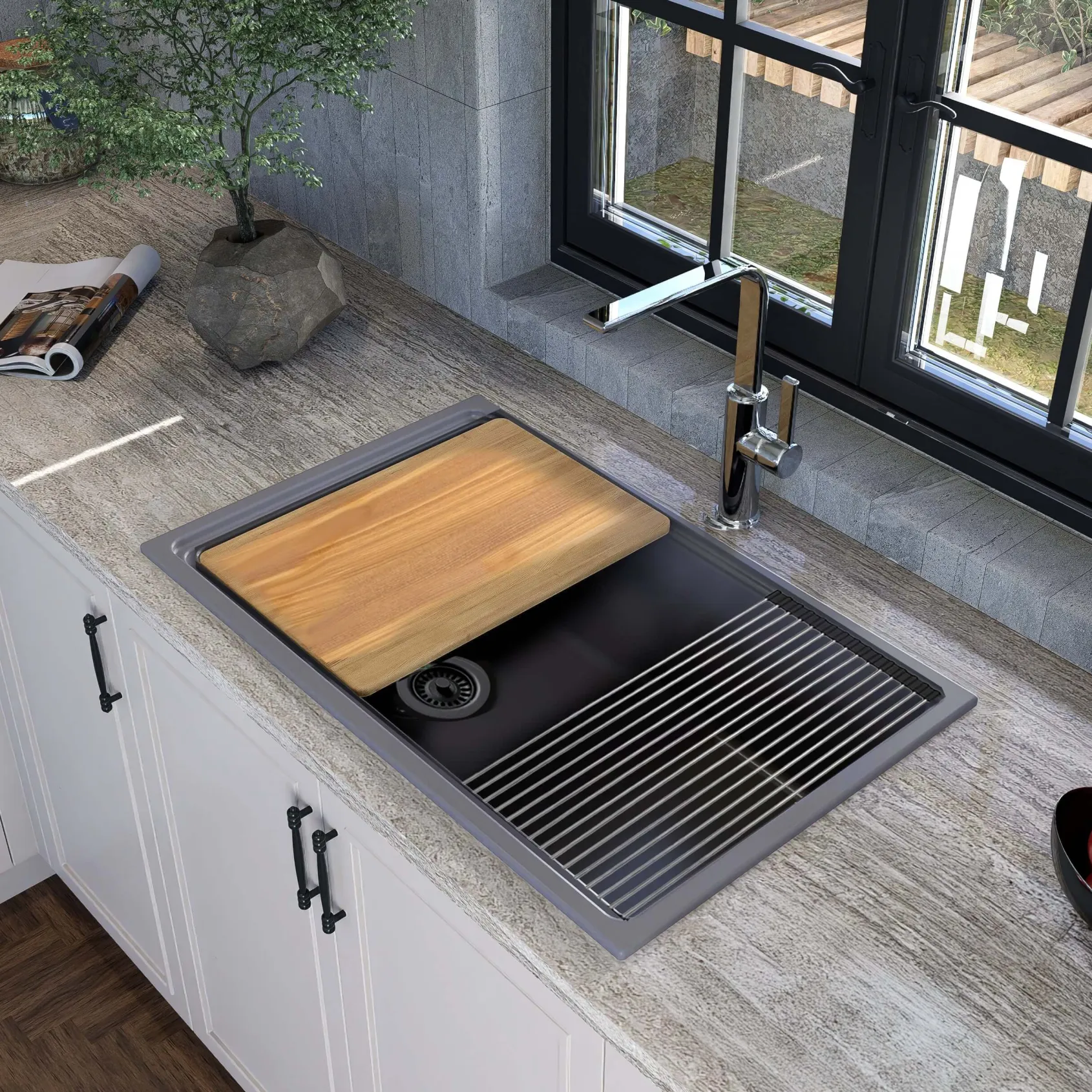 Nantucket Sinks Rockport 30" Dual Mount Granite Composite Workstation Kitchen Sink with Accessories, Titanium, PR3019PS-TI