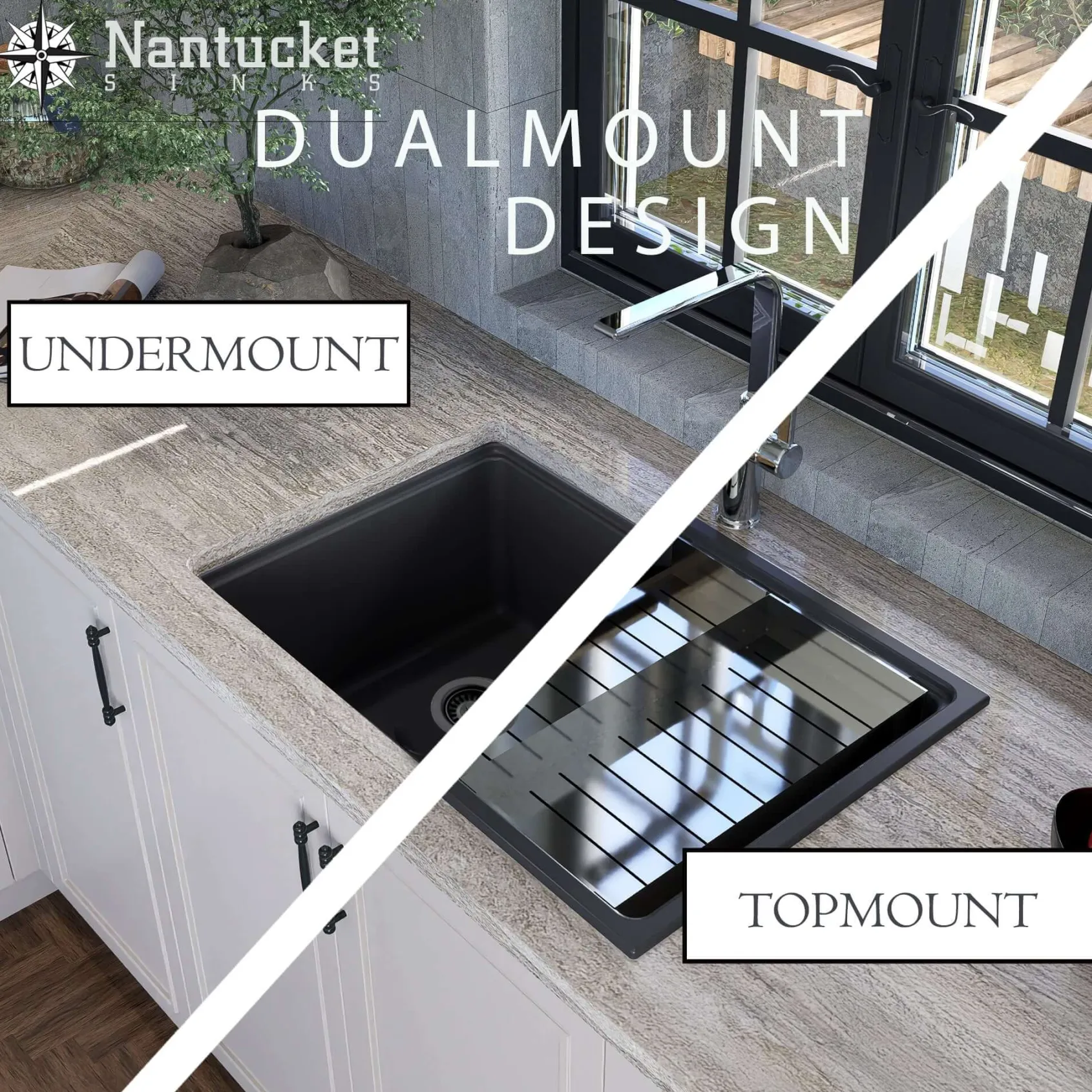 Nantucket Sinks Rockport 30" Dual Mount Granite Composite Workstation Kitchen Sink with Accessories, Titanium, PR3019PS-TI