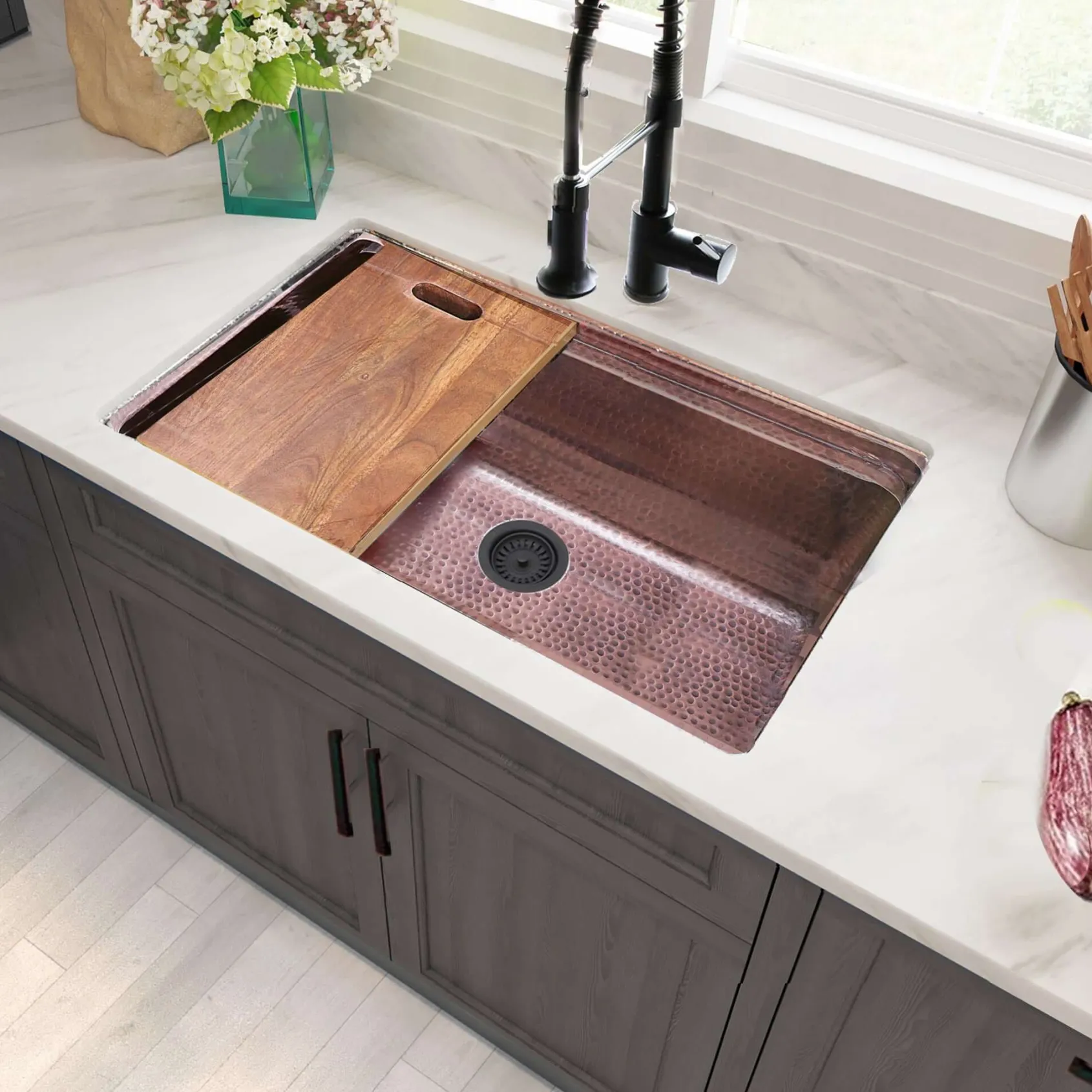 Nantucket Sinks Brightwork Home 32" Dual Mount Copper Workstation Kitchen Sink with Accessories, 16 Gauge, KCH-PS-3220