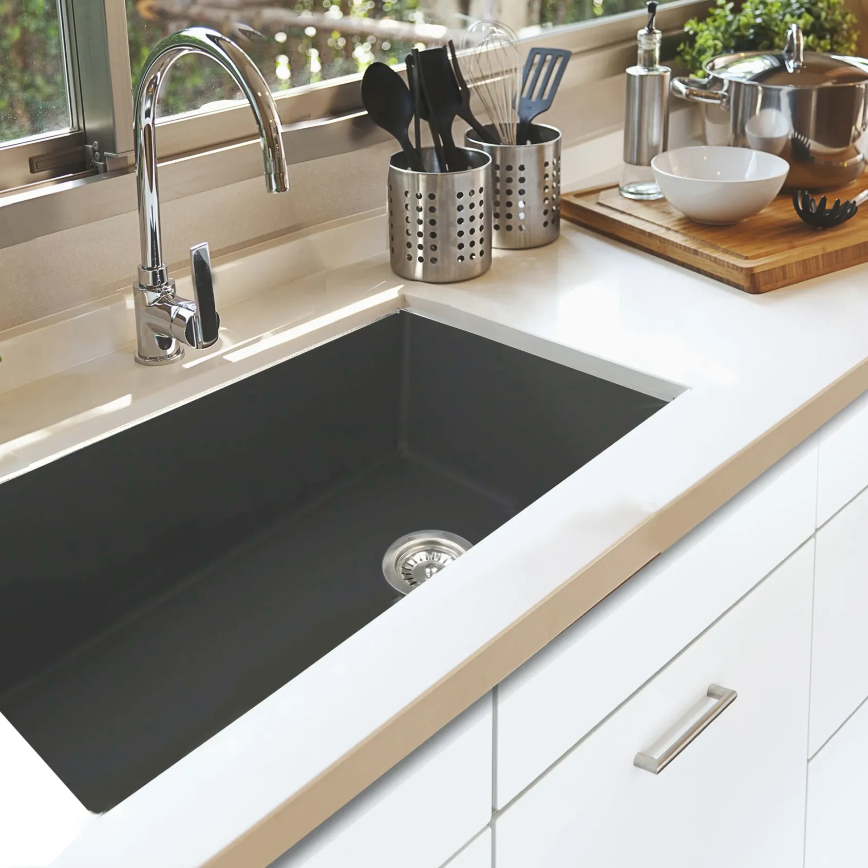 Nantucket Sinks Cape 34" Dual Mount Fireclay Kitchen Sink with Accessories, Matte Black, Wellfleet-3419MatteBlack