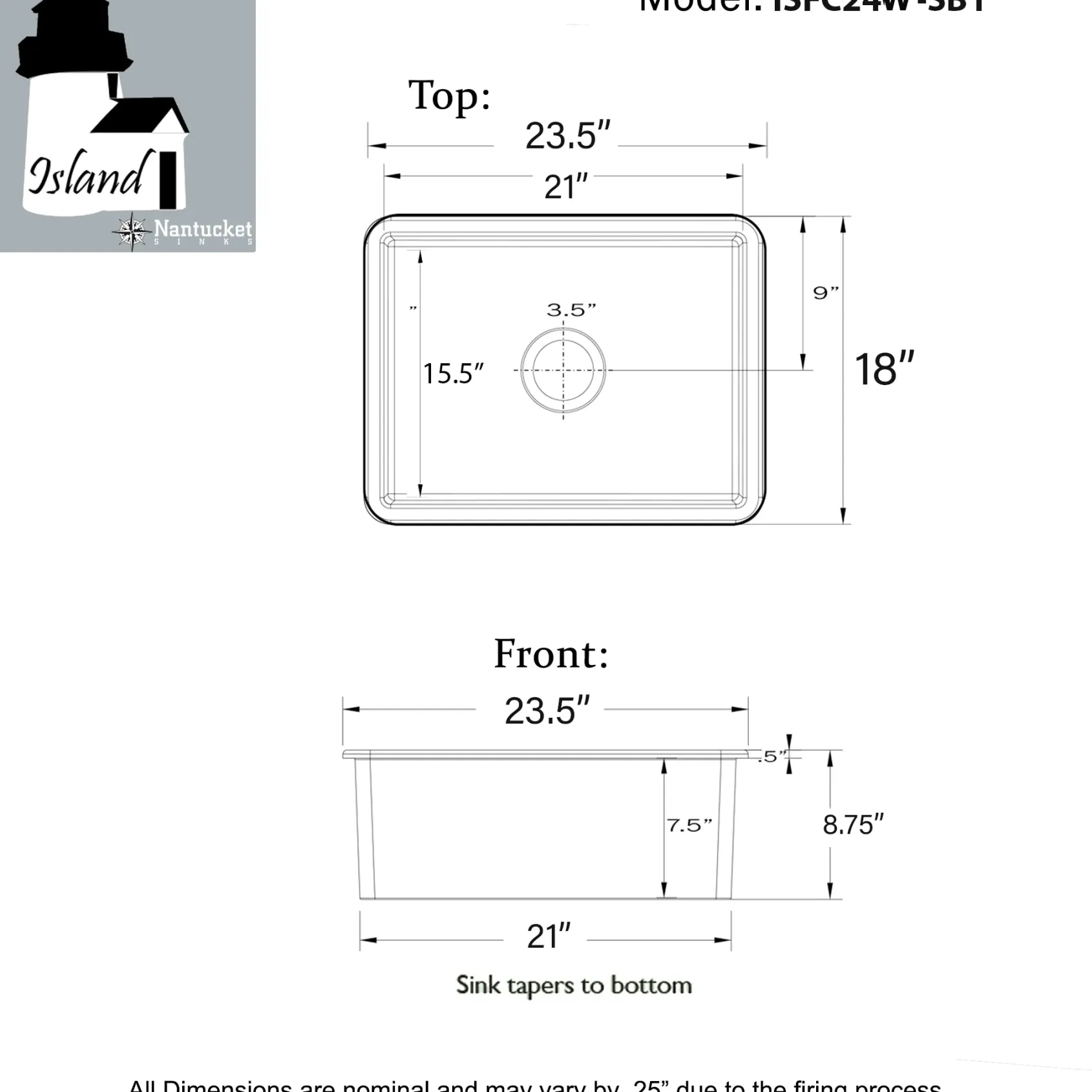Nantucket Sinks Island 24" Dual Mount Fireclay Kitchen Sink with Accessories, White, ISFC24W-SB1