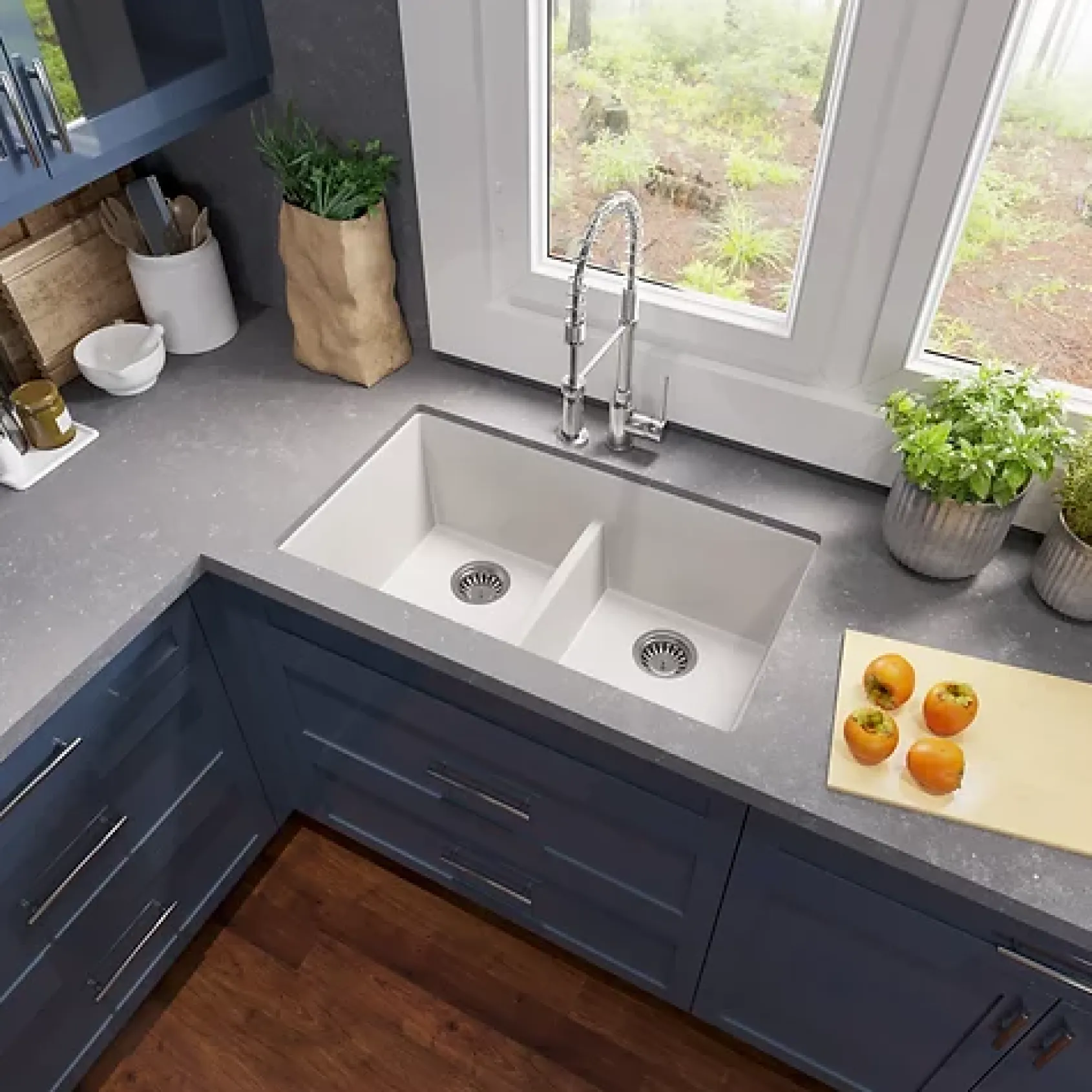 Nantucket Sinks Plymouth 33" Undermount Granite Composite Kitchen Sink, 50/50 Double Bowl, White, PR5050-LDW