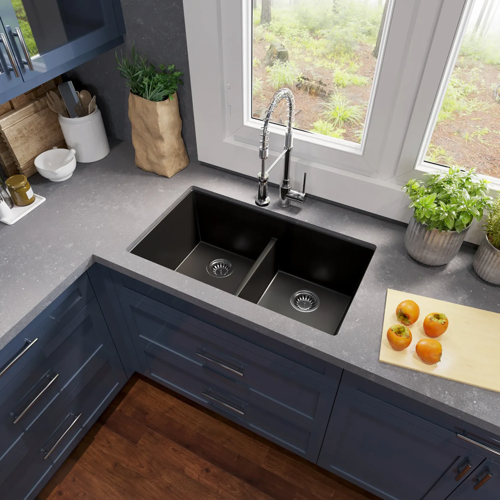 Nantucket Sinks Plymouth 33" Undermount Granite Composite Kitchen Sink, 50/50 Double Bowl, Black/metallic flecks, PR5050-LDBL