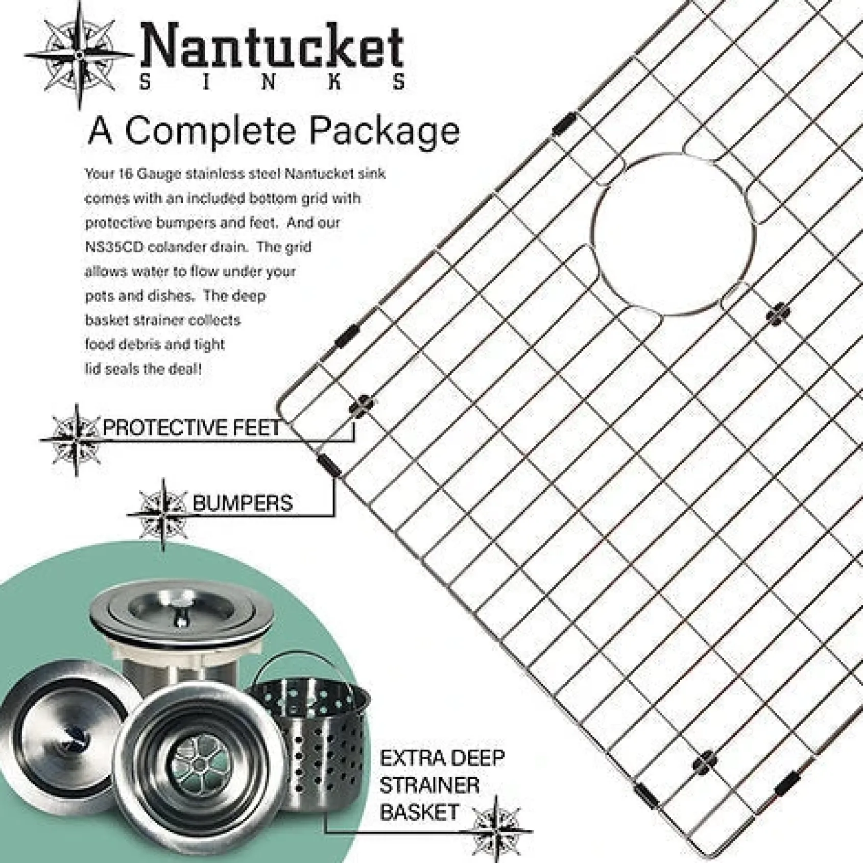 Nantucket Sinks Pro Series 25" Drop In/Topmount 304 Stainless Steel Kitchen Sink with Accessories, 16 Gauge, SR2522-16