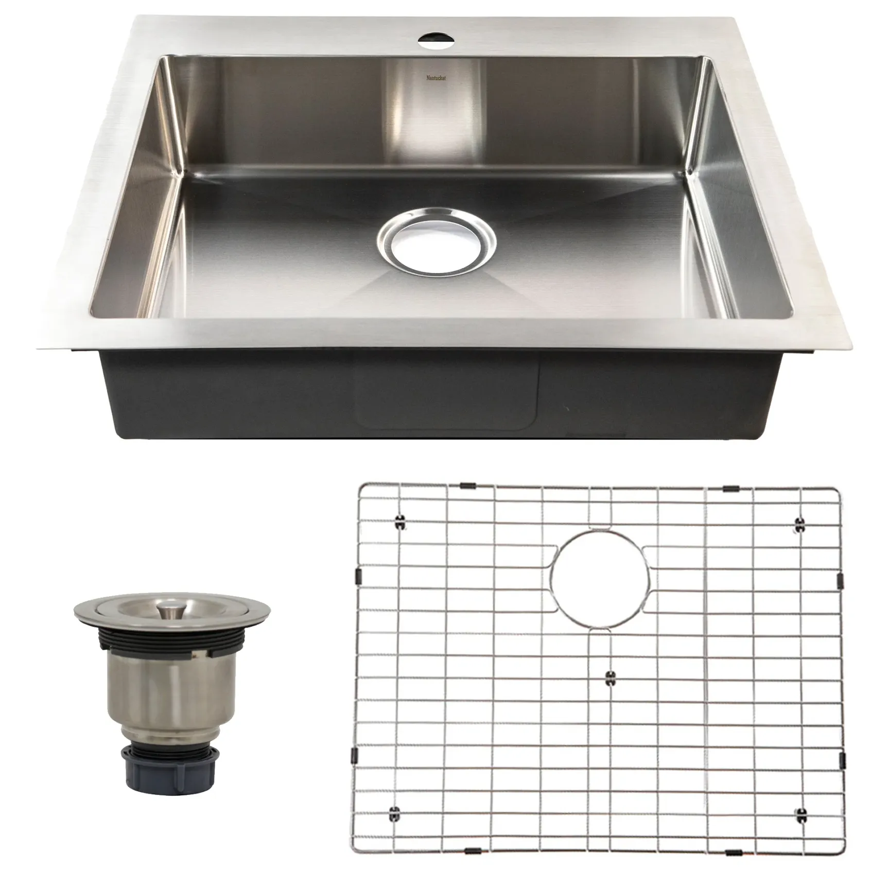 Nantucket Sinks Pro Series 25" Drop In/Topmount 304 Stainless Steel Kitchen Sink with Accessories, 16 Gauge, SR2522-5.5-16