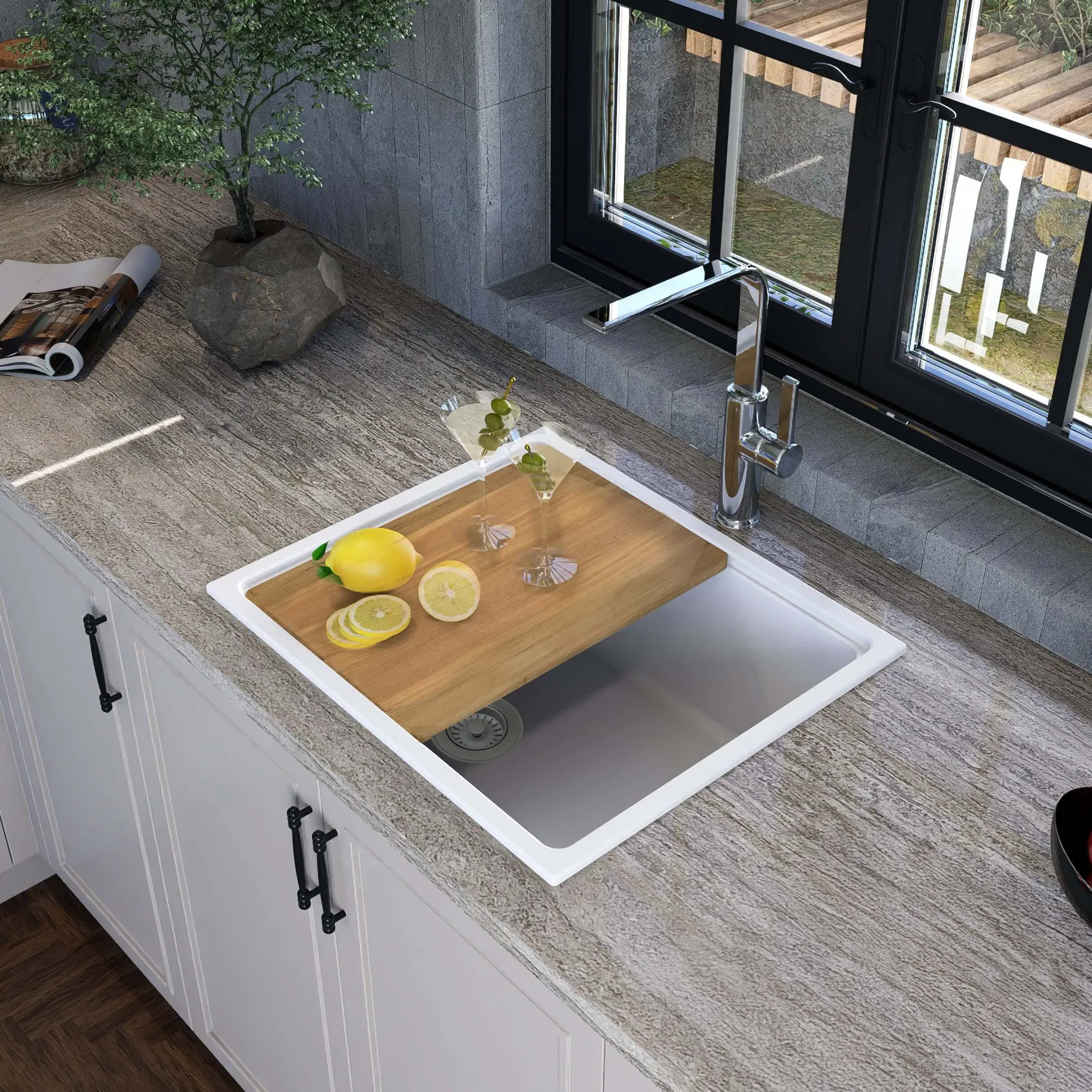 Nantucket Sinks Rockport 22" Dual Mount Granite Composite Workstation Kitchen Sink with Accessories, White, PR2219PS-W