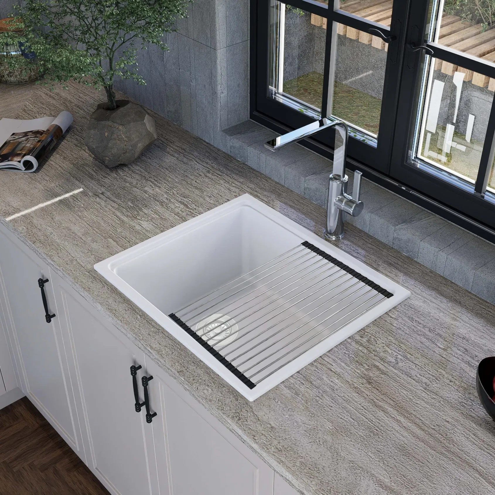 Nantucket Sinks Rockport 22" Dual Mount Granite Composite Workstation Kitchen Sink with Accessories, White, PR2219PS-W