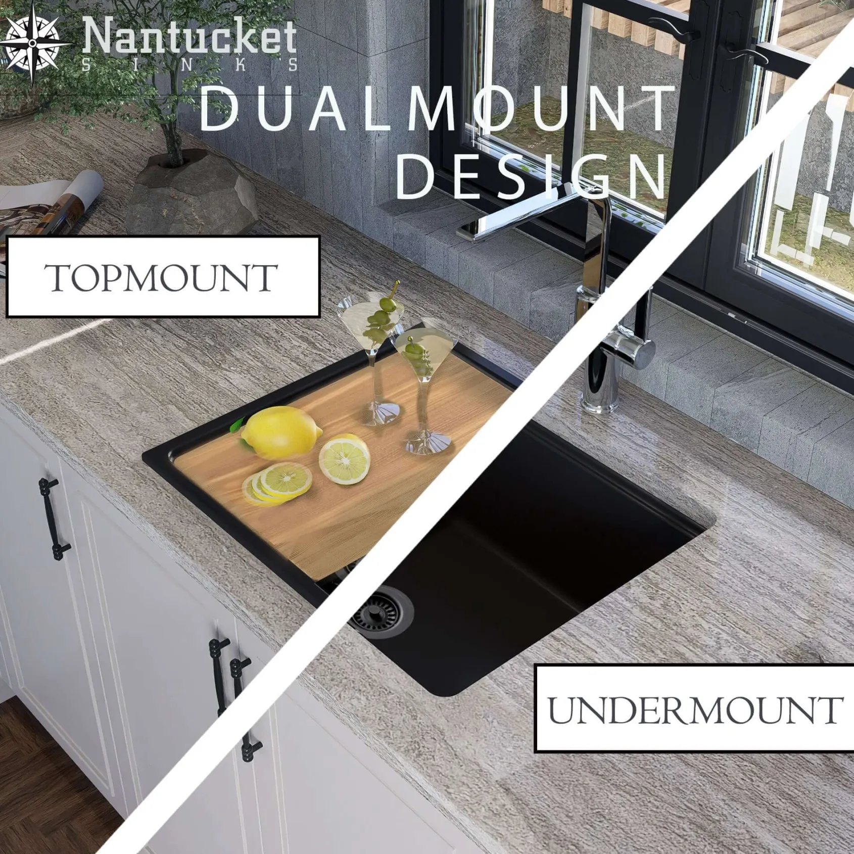Nantucket Sinks Rockport 22" Dual Mount Granite Composite Workstation Kitchen Sink with Accessories, White, PR2219PS-W