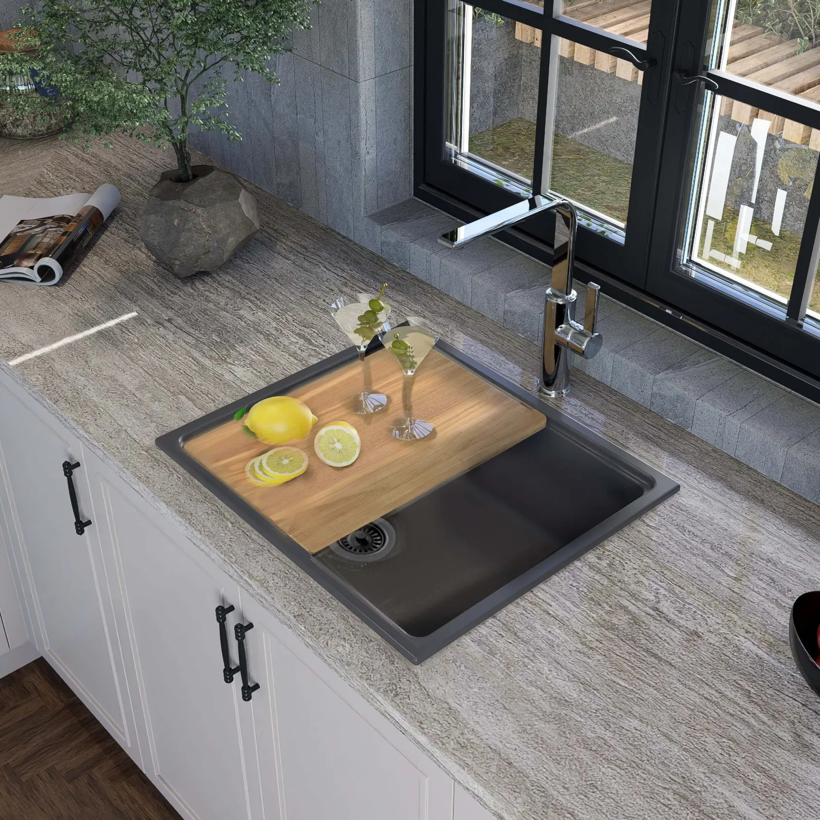 Nantucket Sinks Rockport 22" Dual Mount Granite Composite Workstation Kitchen Sink with Accessories, Titanium, PR2219PS-TI