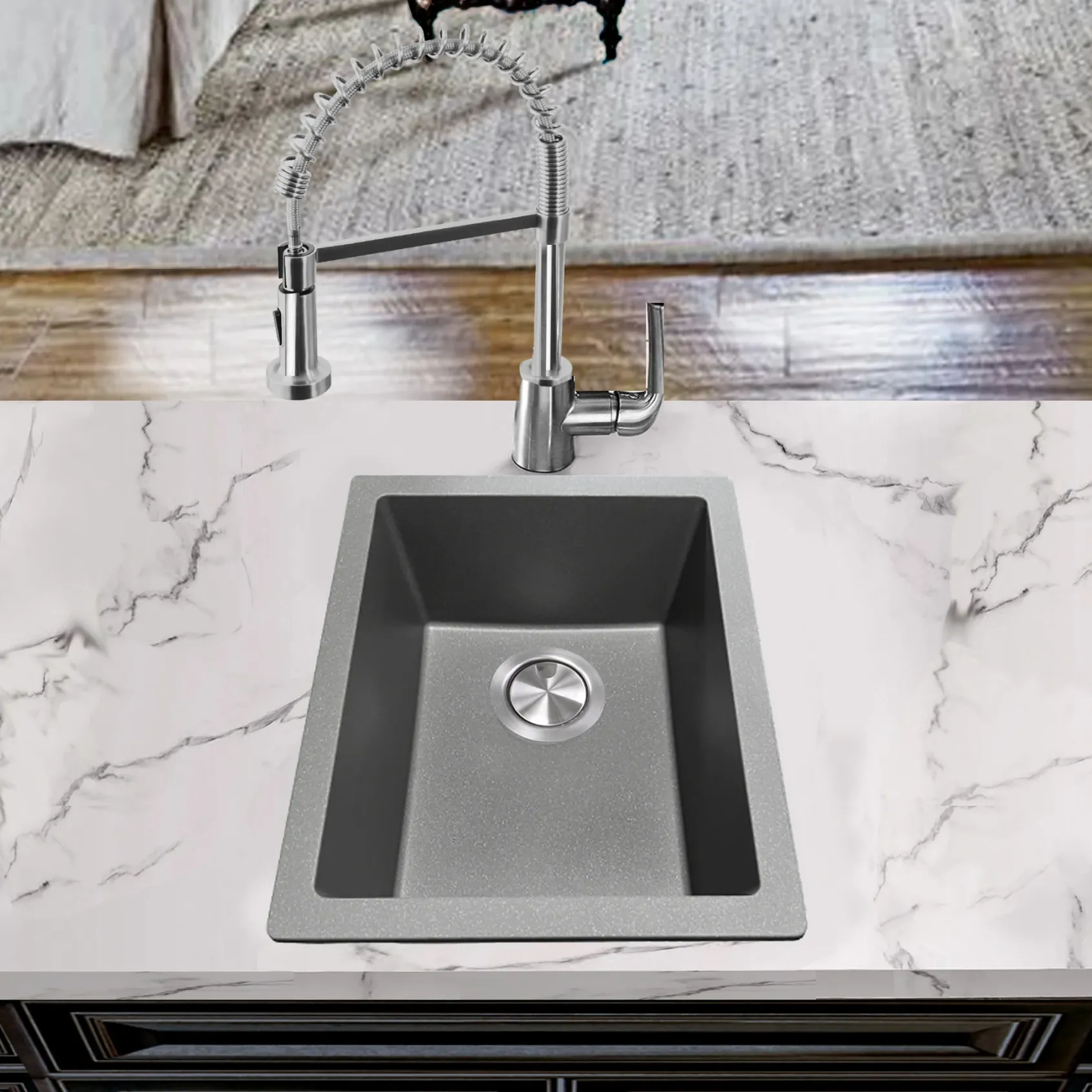 Nantucket Sinks Rockport 15" Rectangle Granite Composite Bar/Kitchen Sink with Accessories, Titanium Grey, PR1815-TI