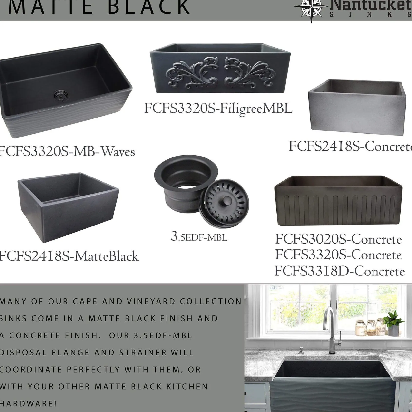 Nantucket Sinks Vineyard 23" Fireclay Farmhouse Sink, Matte Black, FCFS2418S-MatteBlack