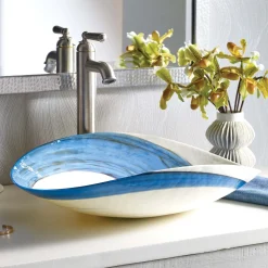 Native Trails Murano 20" x 17" Asymmetrical Rounded Curve-Shaped Vessel Glass Bathroom Sink, Marina, MG2017-MA