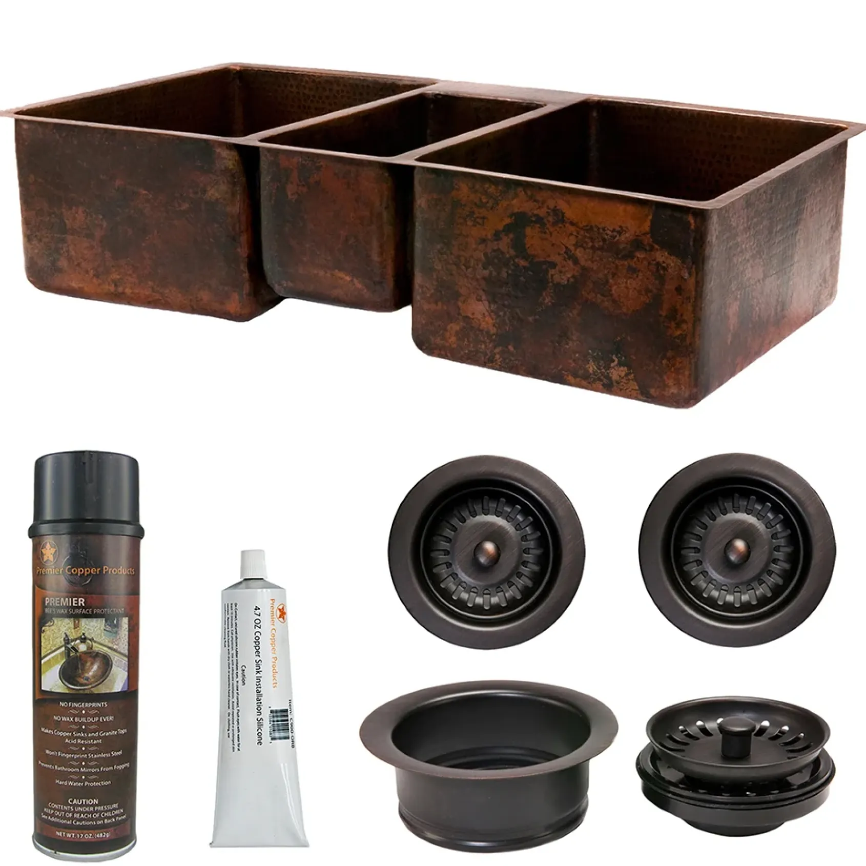 Premier Copper Products 42" Hammered Copper Kitchen Triple Basin Sink with Matching Drains, and Accessories, Oil Rubbed Bronze, KSP3_KTDB422210