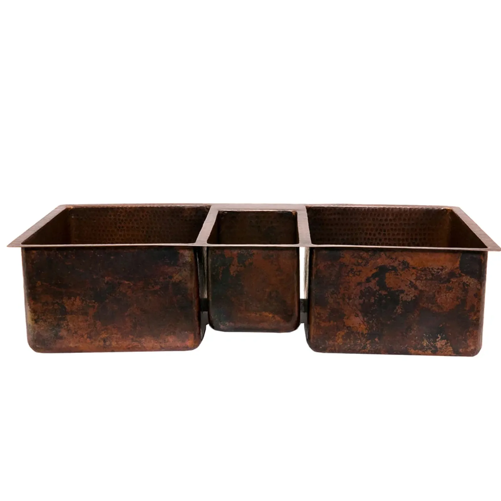 Premier Copper Products 42" Hammered Copper Kitchen Triple Basin Sink with Matching Drains, and Accessories, Oil Rubbed Bronze, KSP3_KTDB422210