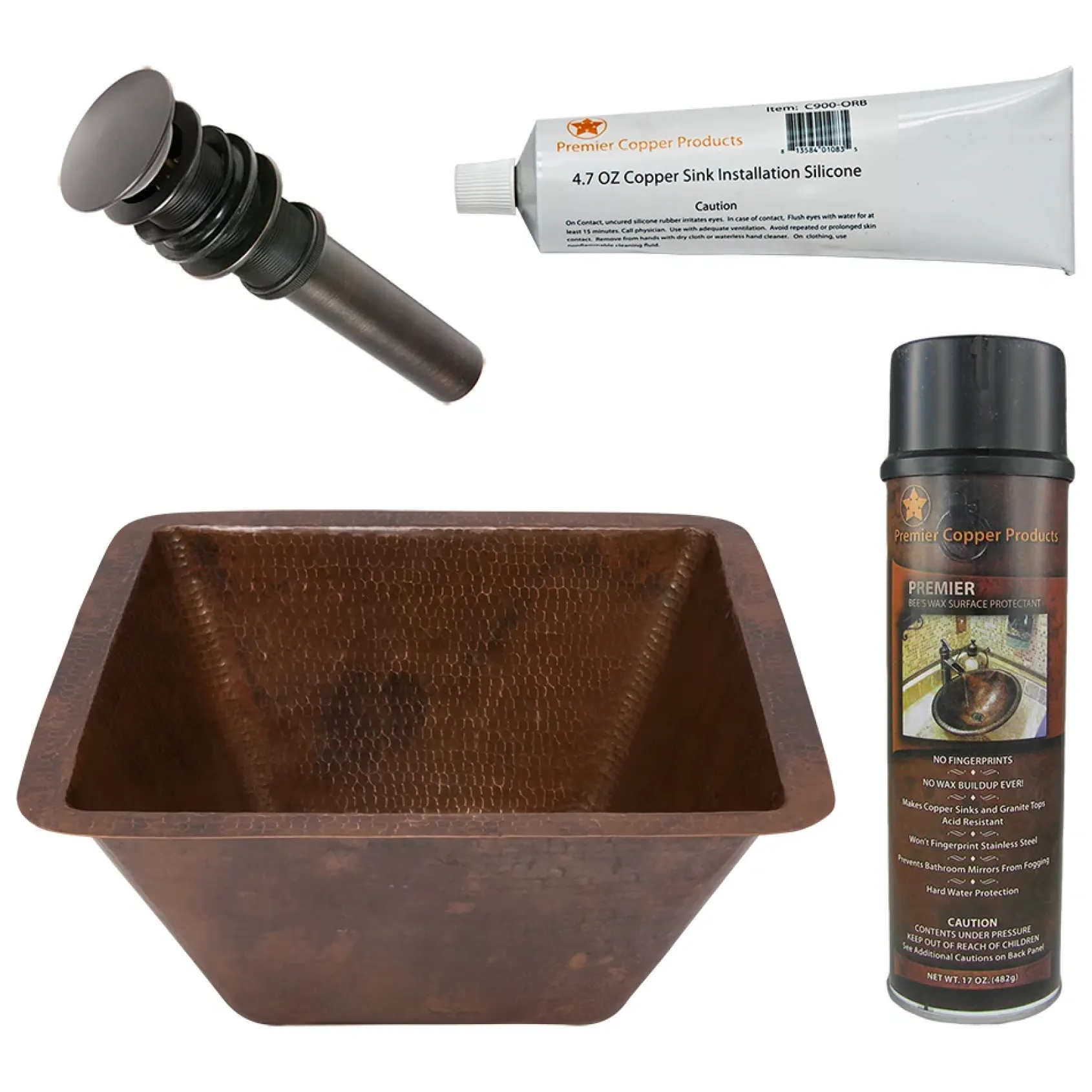 Premier Copper Products 15" Square Under Counter Hammered Copper Bathroom Sink, Matching Drain and Accessories, Oil Rubbed Bronze, BSP5_LSQ15DB-P
