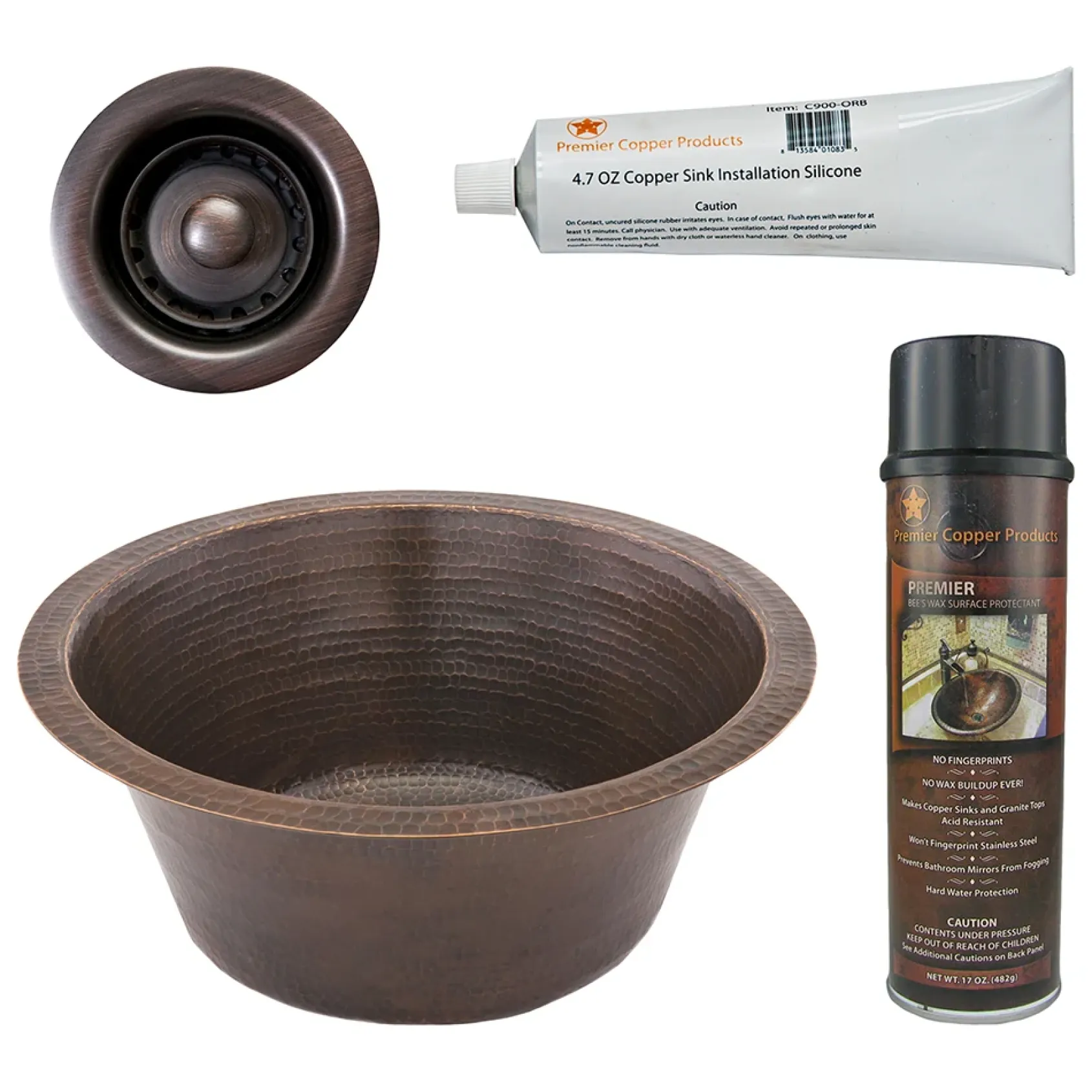 Premier Copper Products 16" Round Hammered Copper Bar Sink w/ 2" Drain Opening, Matching Drain and Accessories, Oil Rubbed Bronze, BSP5_BR16DB2-B
