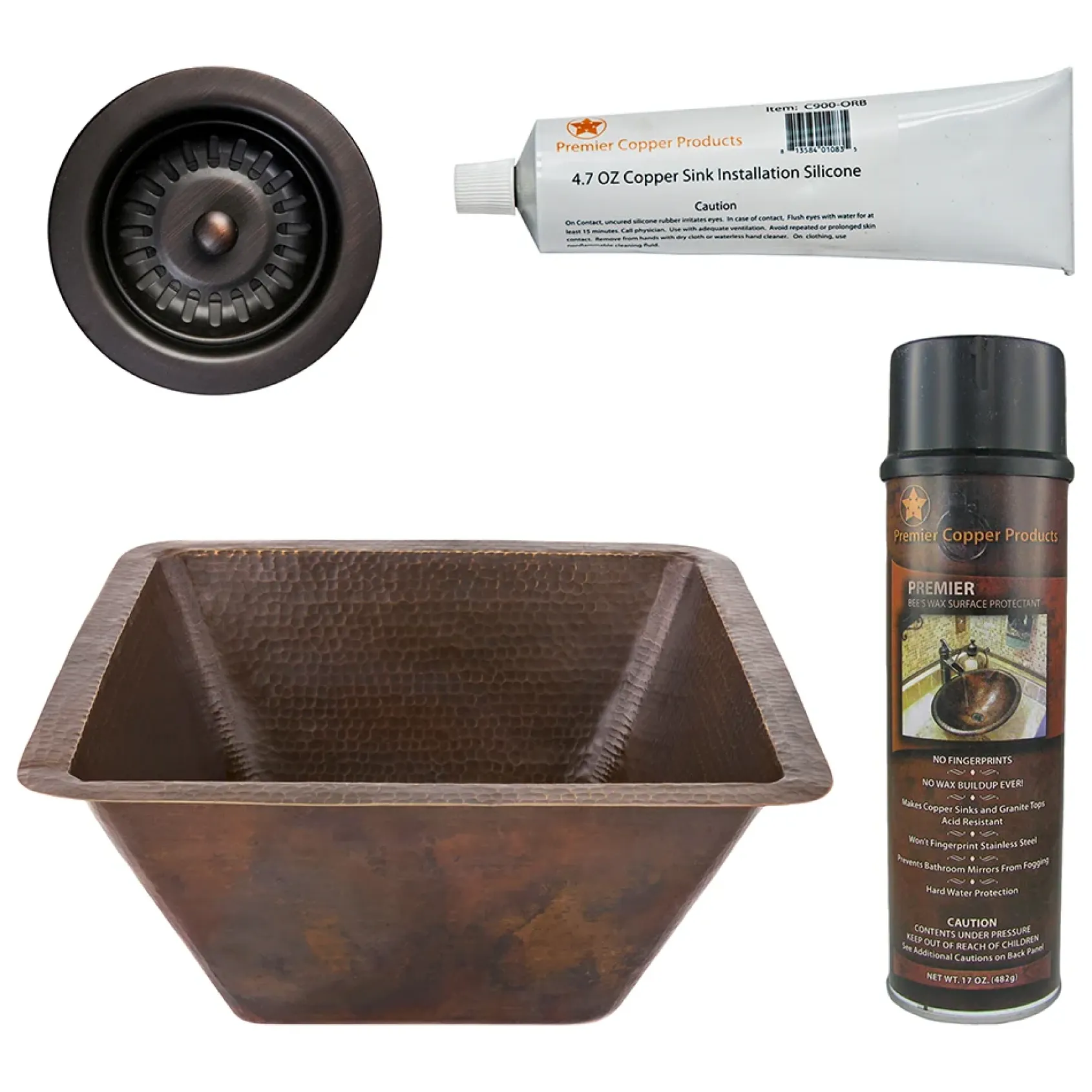 Premier Copper Products 17" Large Square Hammered Copper Bar/Prep Sink, Matching Drain and Accessories, Oil Rubbed Bronze, BSP5_BS17DB-D